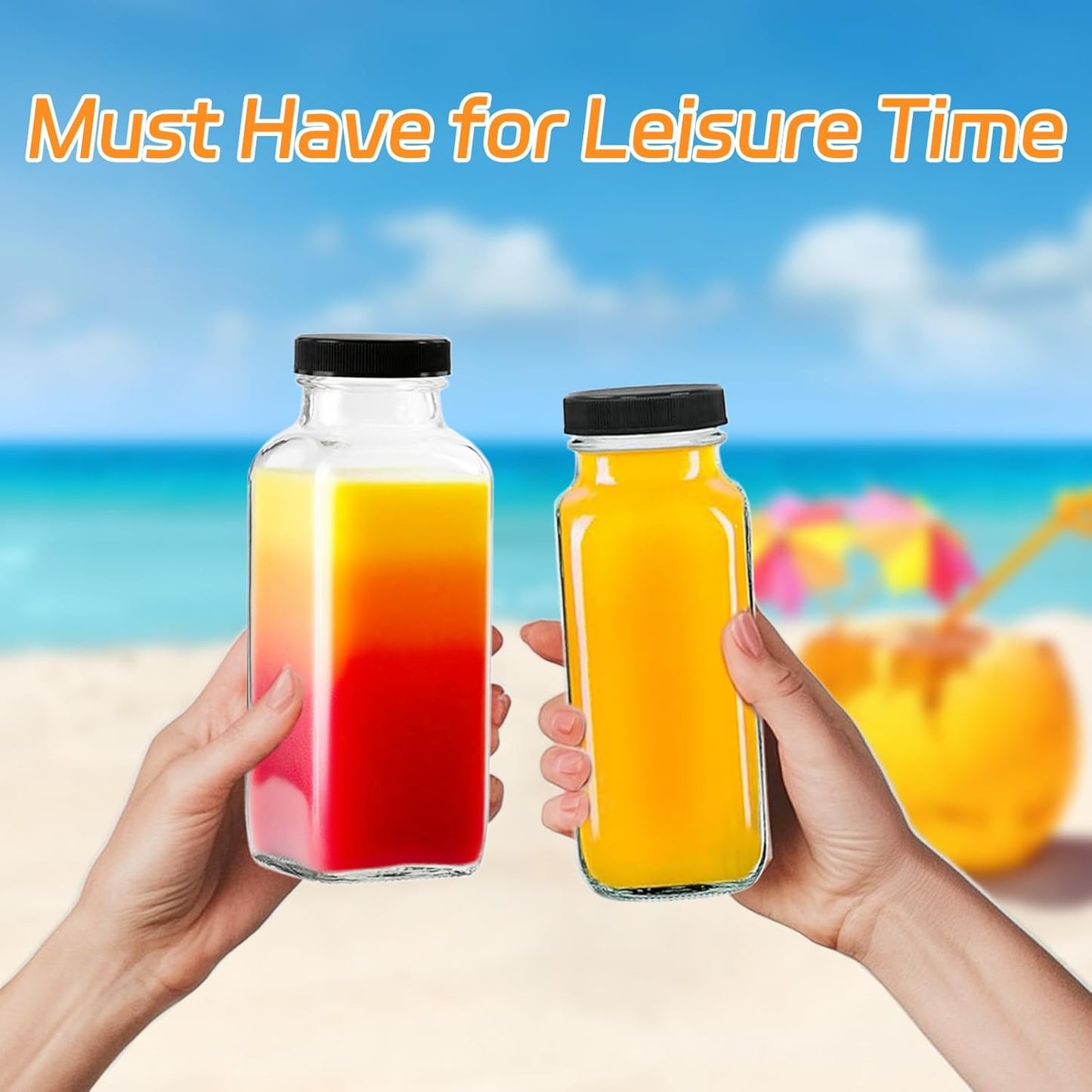 12 Pack 8oz Glass Juice Bottles with Lids, 250ml Reusable Glass Juicing Bottles, Square Drinking Jars Drink Containers with Caps for Water, Milk, Ginger, Kombucha, Beverages