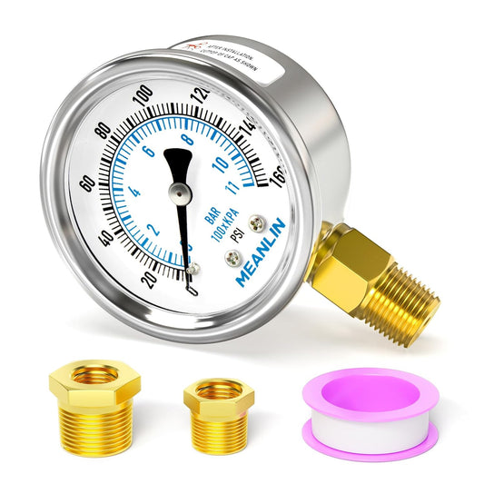 MEANLIN MEASURE 0~160Psi Dry Pressure Gauge Stainless Steel 1/4" NPT 2" FACE DIAL Waterproof for Air Compressor RV Regulator Water Pressure Tester Lower Mount, with 1/2" NPT and 3/8" NPT Hex Bushing