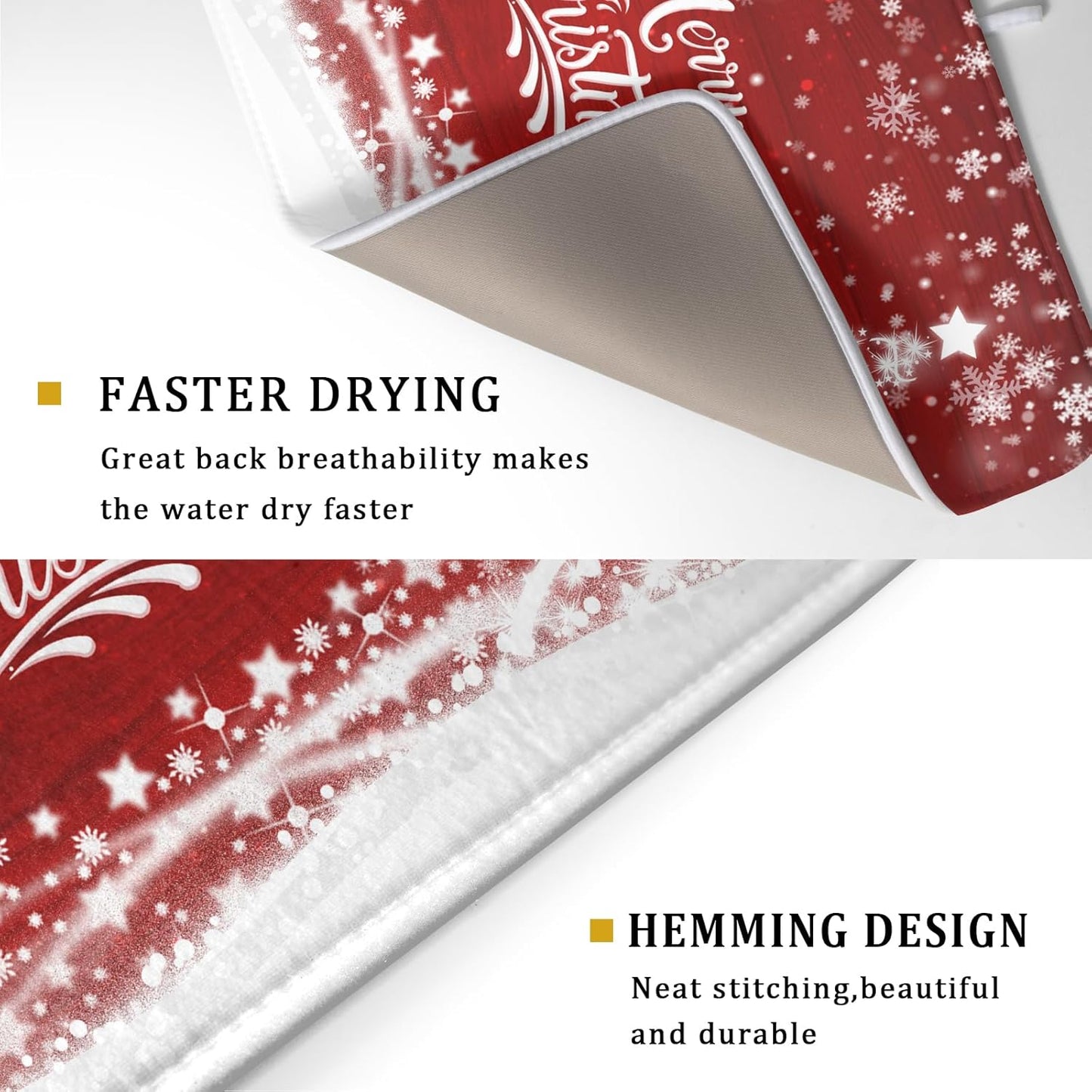 Merry Christmas Dish Drying Mat for Kitchen Counter Winter Snowflake Pine Fast Absorbent Red Drying Mat 16x18 Inch Xmas Jingle Bells Decoration Dishes Pad Dish Drainer Rack Mats Holiday Decor