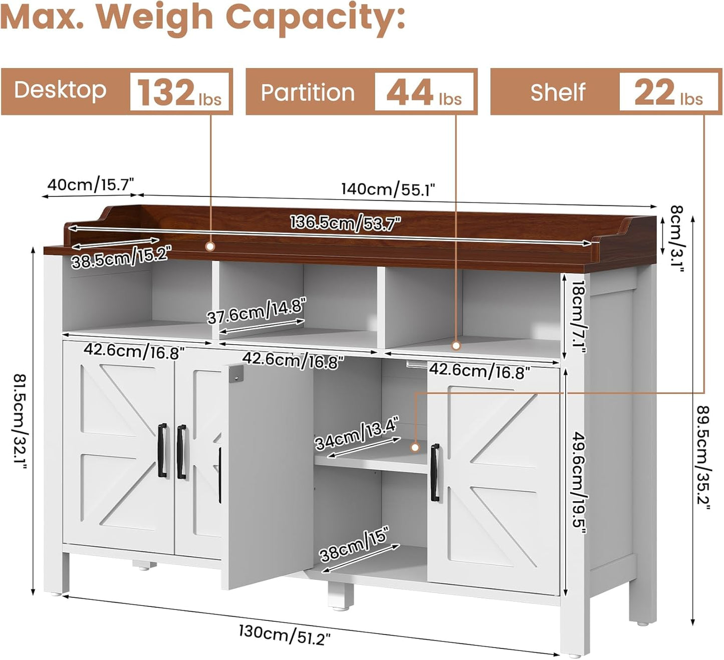 Buffet Cabinet with Storage Farmhouse with 4 Doors and 3 Open Compartments, 55'' Large Kitchen Storage Cabinet White Wood Coffee Bar Buffet Sideboard for Kitchen, Dining Room, Living Room