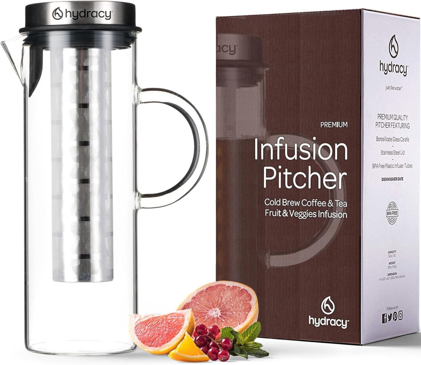 Cold Brew Coffee Maker - Large Glass Infusion Pitcher 1.6 Quarts 52oz - Iced Coffee & Iced Tea Pitcher with Stainless Steel Lid & Fruit Infusion Tube - Perfect for Home or Office