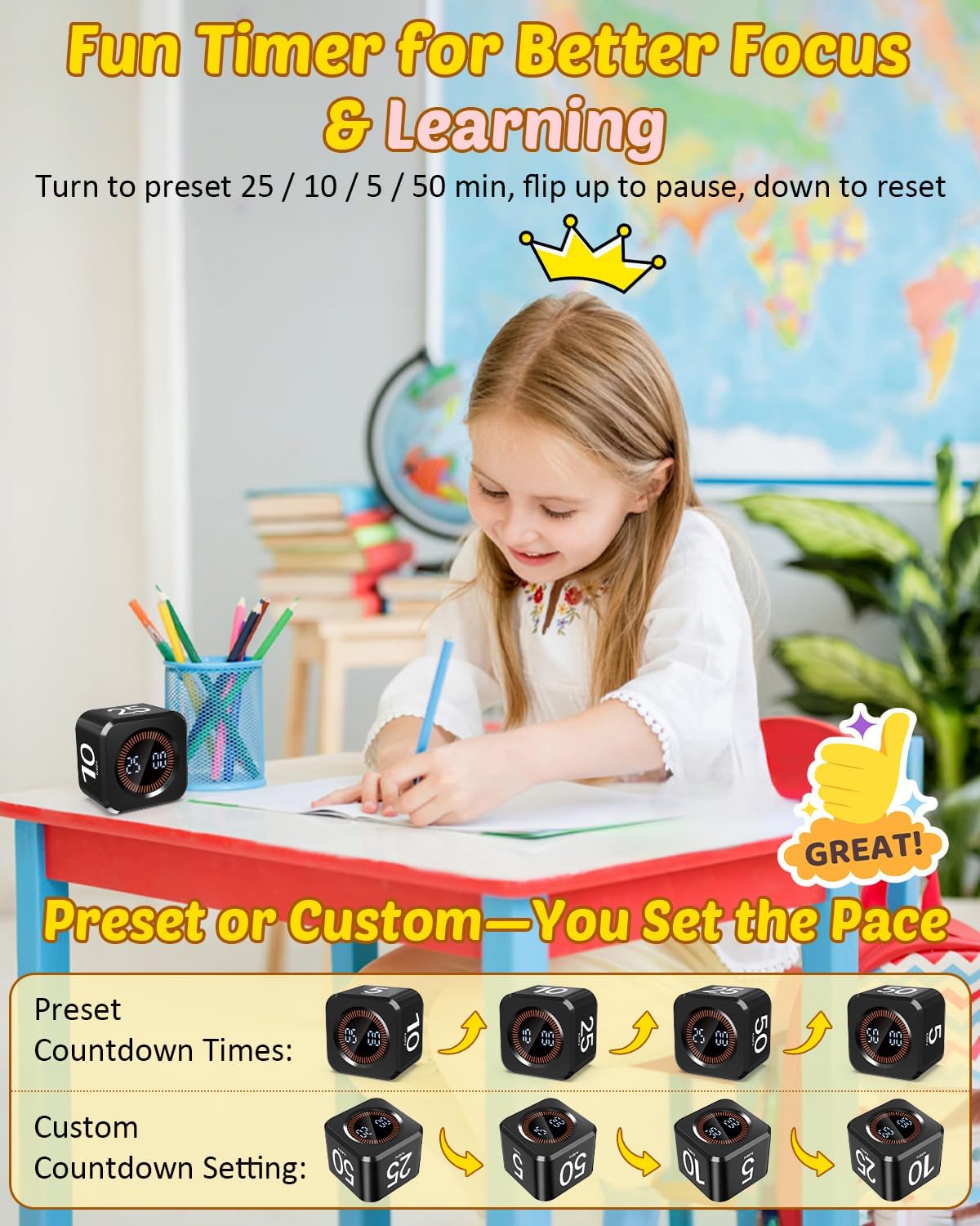 Pomodoro Timer Cube Visual Productivity Flip Timer for Kids Classroom Desk, 5/10/25/50min& Custom Countdown, Silent&Sound Mode Digital Cube for ADHD Study Work School Game Kitchen (Black)