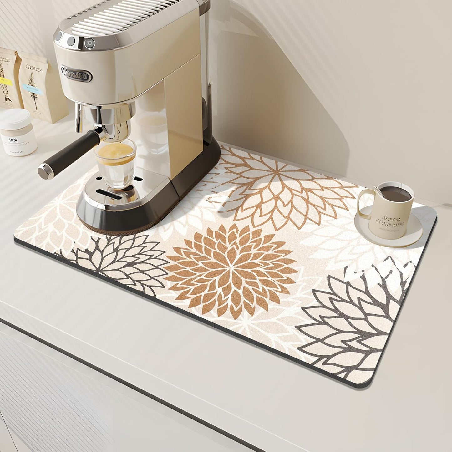 Findosom 2PCS 16" x 24" Dish Drying Mat & 24" x 5.5" Sink Splash Guard, Super Absorbent & Cuttable Dish Mat Drying Kitchen Mat with Brown Floral, Hide Stain Drying Mat for Kitchen Counter