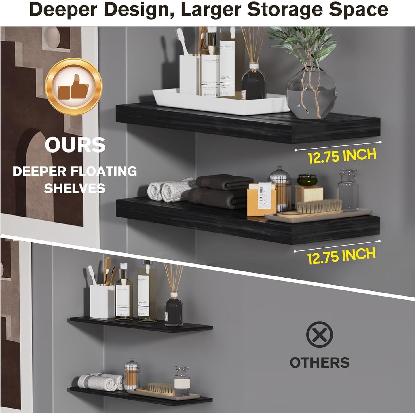 Floating Shelf, Set of 3 Wall Shelf, 36 in W x 12.75 in D x 2 in H Wooden Floating Wall Shelf with Invisible Brackets for Living Room/Bedroom/Bathroom/Kitchen Storage and Decor, Black Wood