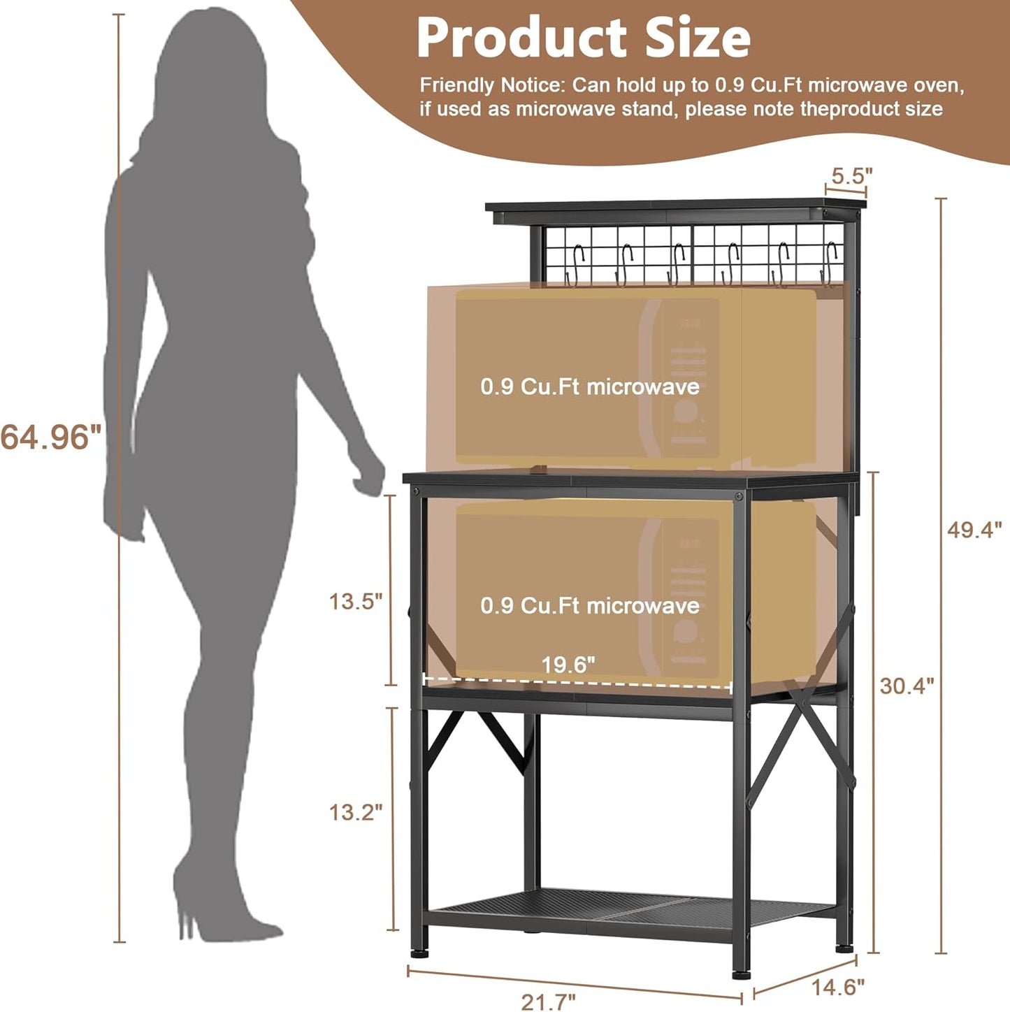 Furologee Kitchen Bakers Rack with Hutch, Coffee Bar Station 4 Tiers, Microwave Oven Stand with 6 S Hooks and Pegboard, Kitchen Microwave Rack for Spice Organizer Workstation, Black