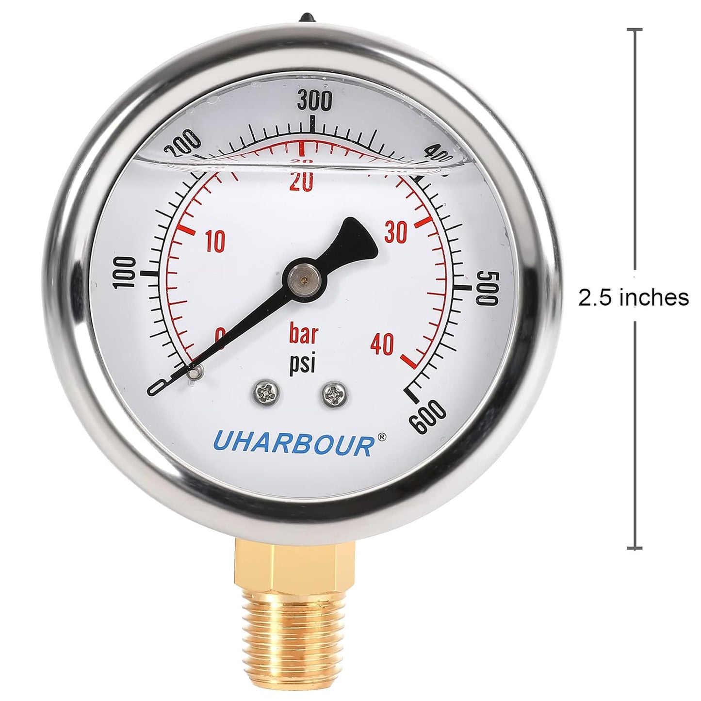 Glycerin Filled Pressure Gauge 600psi/40bar, Stainless Steel case, Brass Inside Construction, 2-1/2" dial, 1/4" NPT Rear Connection.