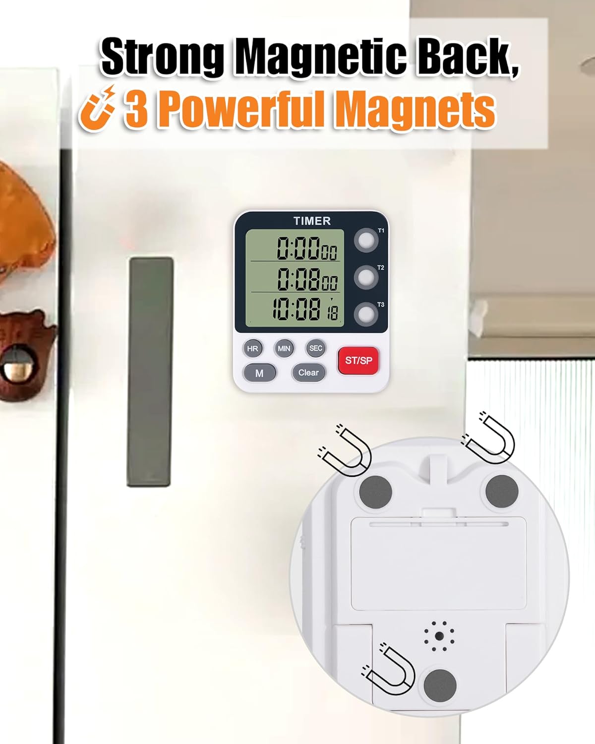Dual Kitchen Timer Digital - 3 Channel for Cooking with Alarm, Large Display, Magnetic Back, Replaceable 3A Battery, Loud Food Timer, Modern White Design for Multi Timing Needs