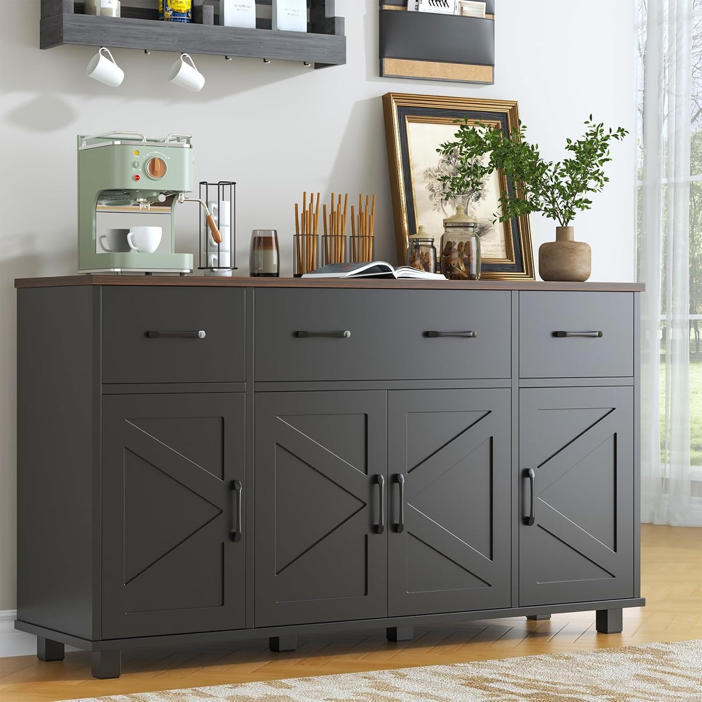 55" Sideboard Buffet Cabinet with Storage, Coffee Bar Cabinet with 3 Drawers and 4 Barn Doors, Long Storage Cabinet Modern Farmhouse, Black Wood, for Kitchen, Dining Room, Living Room