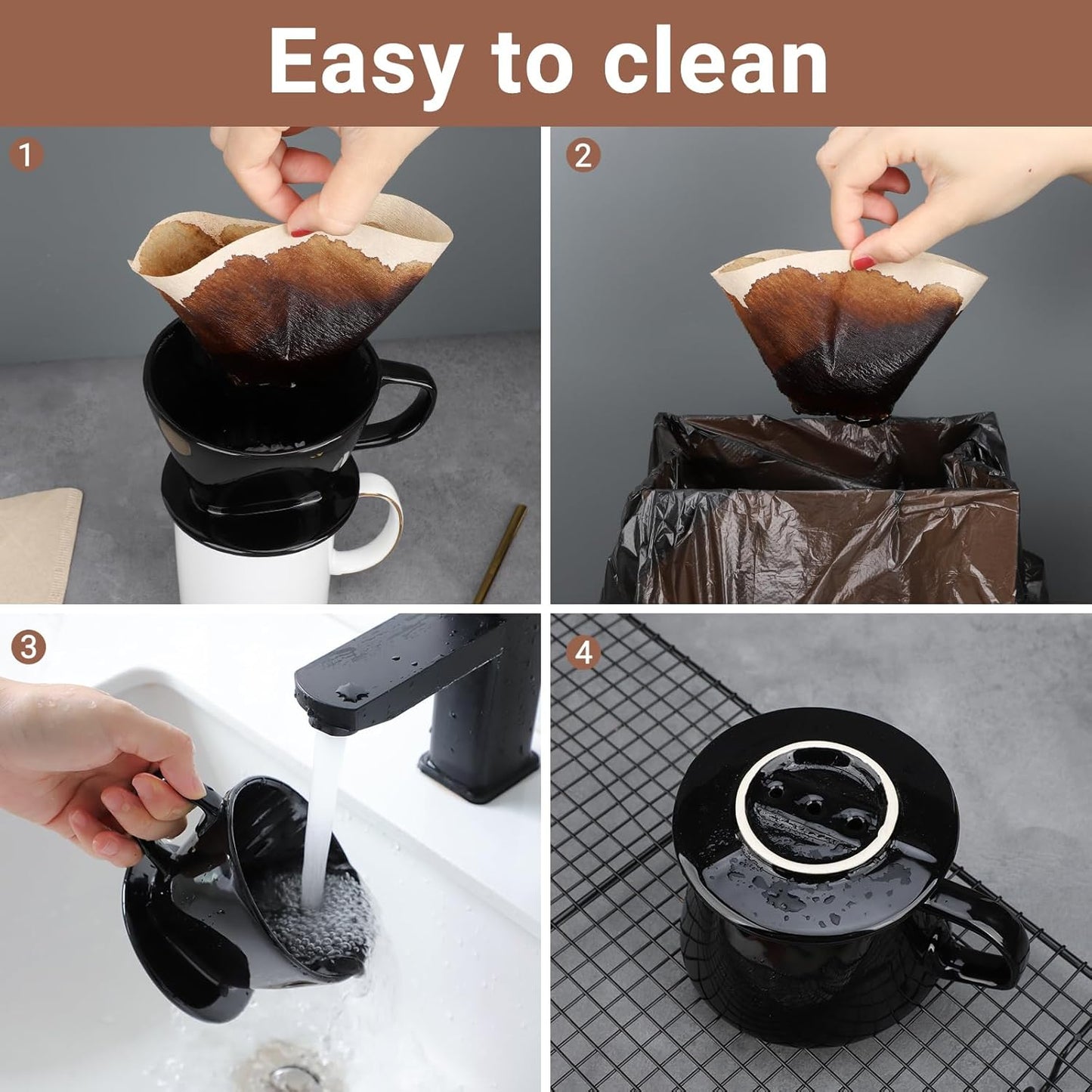 Segarty Pour Over Coffee Maker Set, Single Cup Black Ceramic Coffee Dripper with 200PCS Size #2 Cone Filter Paper, Slow Drip Pourover Brewer for Home Office Travel Camping