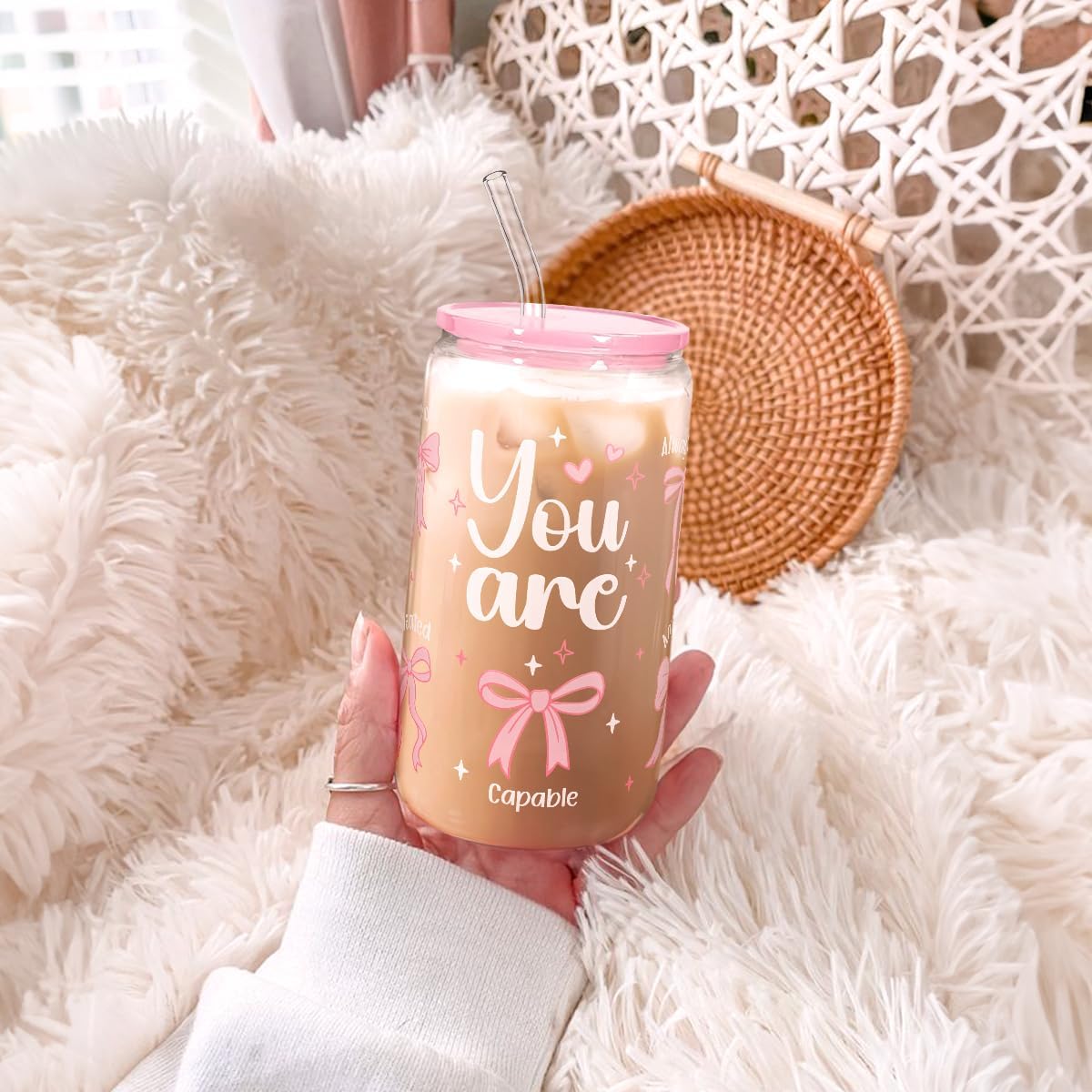 Christian 16oz Can Glass Tumbler with Acrylic Lid & Straw, Iced Coffee Cup for Women Girls, Aesthetic Cups Gifts for Birthday Christmas