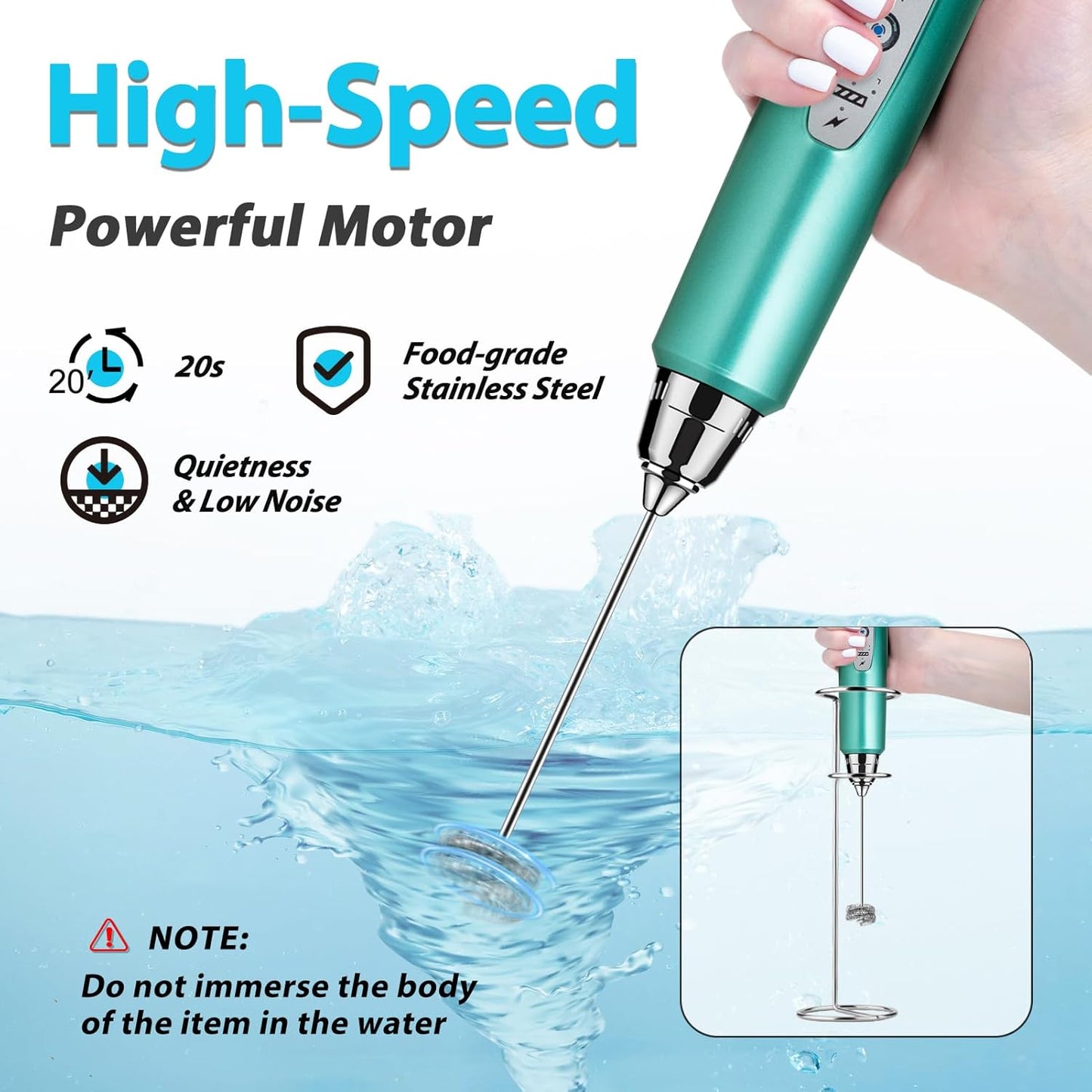 Milk Frother with Stand-Rechargeable Handheld Coffee Frother with 3 Stainless Whisks 3 Speed Adjustable, Electric Whisk Drink Mixer, Foam Maker Blender for Matcha Latte Cappuccino Chocolate