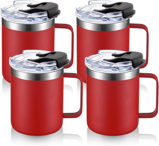 ALOUFEA 12oz Stainless Steel Insulated Coffee Mug with Handle, Double Wall Vacuum Tumbler Cup with Fliping Lid, Red, 4 Pack