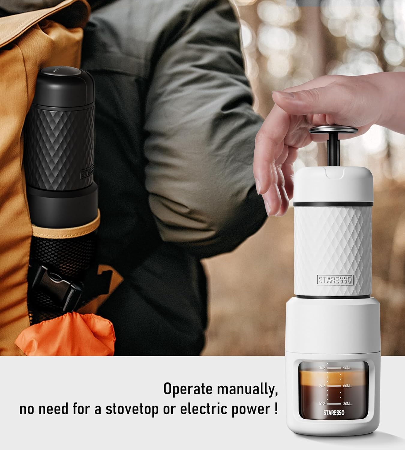 STARESSO Classic Portable Espresso Maker, 2 IN 1 Travel Coffee Maker Compatible Ground Coffee & NS Original Pods, Espresso Machine with Stainless Steel Chamber for Travel Camping, Manually Operated