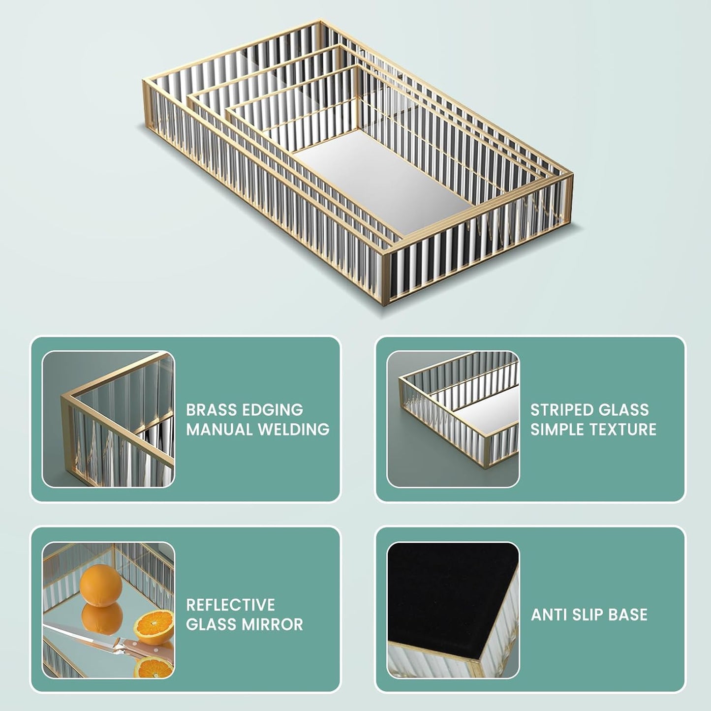 DAWNTREES Glass Vanity Tray, Bathroom Counter & Bedroom Dresser Organizer, Gold Border with Glass Bottom,Jewelry Makeup Perfume Display Trays for Home Decor,Set of 3 (Small, Medium, Large)