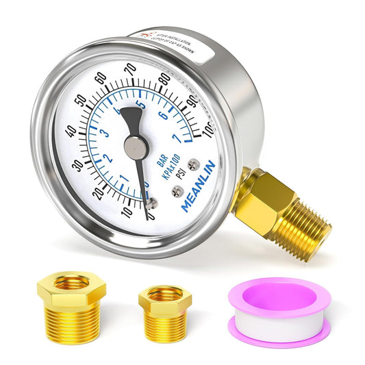 MEANLIN MEASURE 0~100Psi Dry Pressure Gauge Stainless Steel 1/4" NPT 2" FACE DIAL Waterproof for Well Pump Water Tire Water Pressure Tester Lower Mount, with 1/2" NPT and 3/8" NPT Hex Bushing