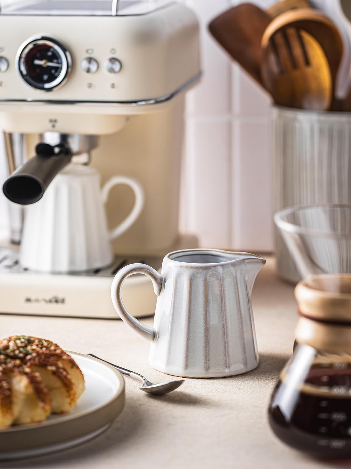 Ceramic Creamer Pitcher,Creamer Container with Handle, Small Milk Pitcher Cup for Coffee, Sauces, Salad, 10 OZ, Cream White