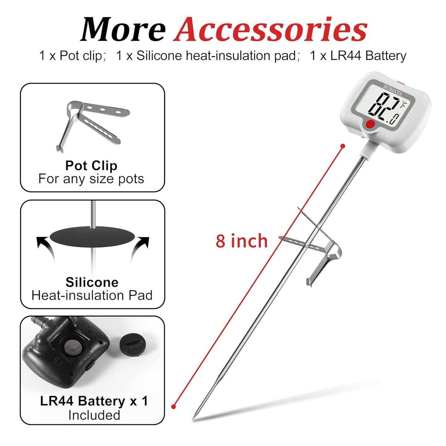 BOMATA Candy Thermometer with Pot Clip, Instant Read Cooking Thermometer with 8" Long Probe, Rotating Display, for Candy Making, Food, Candle Making, Liquids, Water, Baking, Sugar, Grilling. White