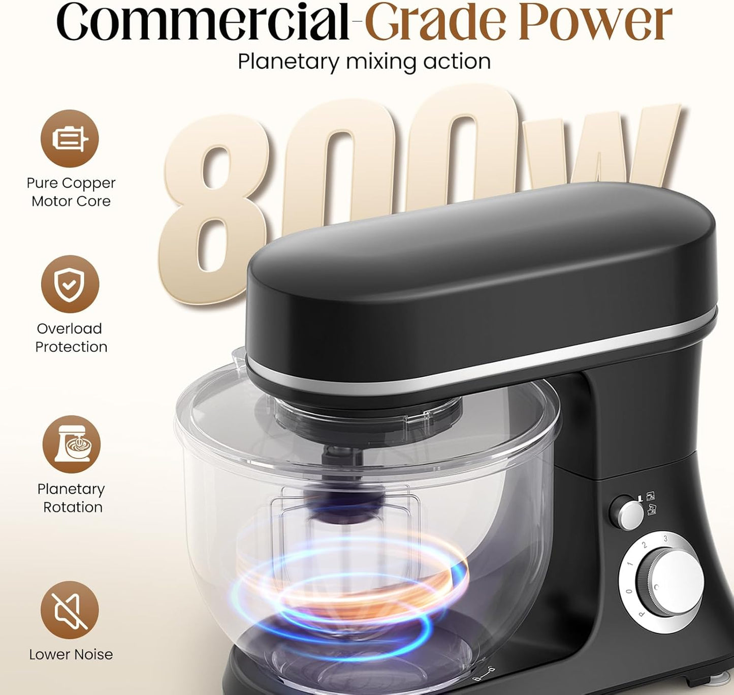 800W Stand Mixer with 5.3QT Bowl, 6-Speed with Pulse Electric Kitchen Mixer, Food Mixer with Dough Hook, Whisk, Beater Tilt-Head & Non-Slip Base for Cookie, Cake, Bread & Baking-Black