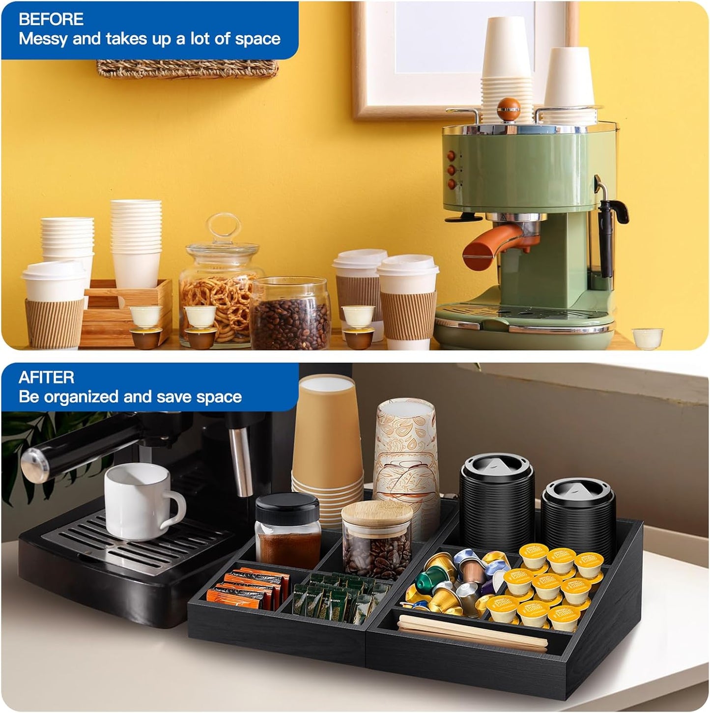 Coffee Station Organizer Coffee Condiment Service Tray with 9 Compartment for Counter, Wood Coffee Bar Supplies Organizer for Home Office Breakroom Two-in-One Black
