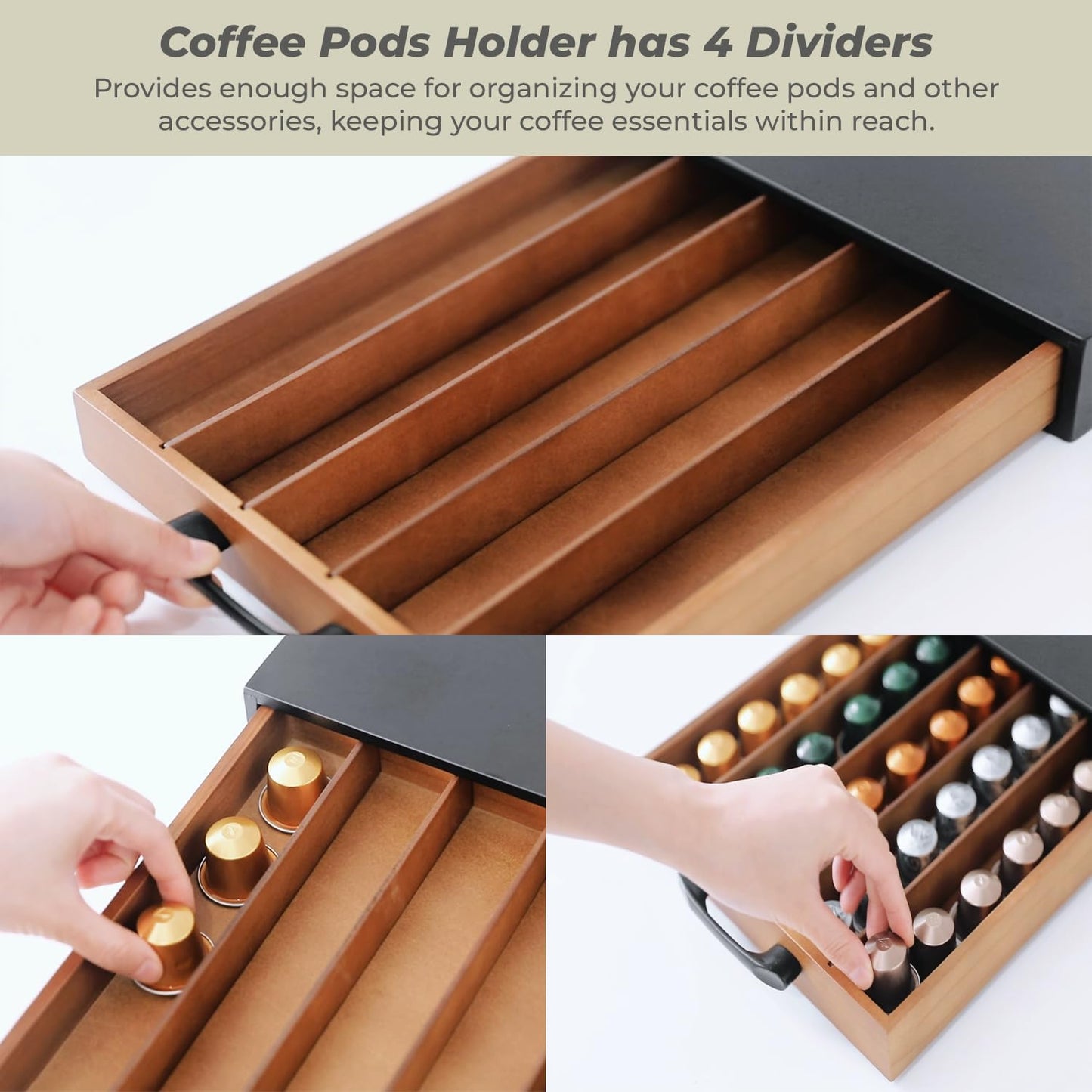 Coffee Pod Holder Compatible with Nespresso OriginalLine Capsules – 50-Pod Acacia Wood Drawer Organizer with Anti-Slip Base – Space-Saving Coffee Capsule Storage for Espresso Stations & Countertops