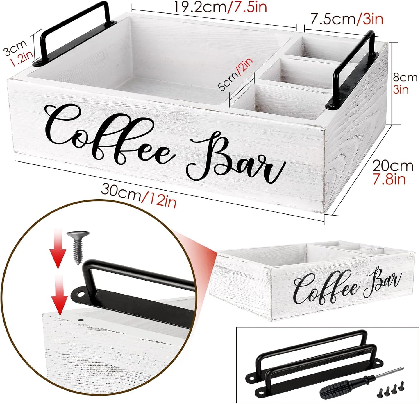 Coffee Station Organizer Wooden Coffee Bar Holder Accessories for Countertop, Farmhouse Kcup Pod Storage Basket with Handle - White