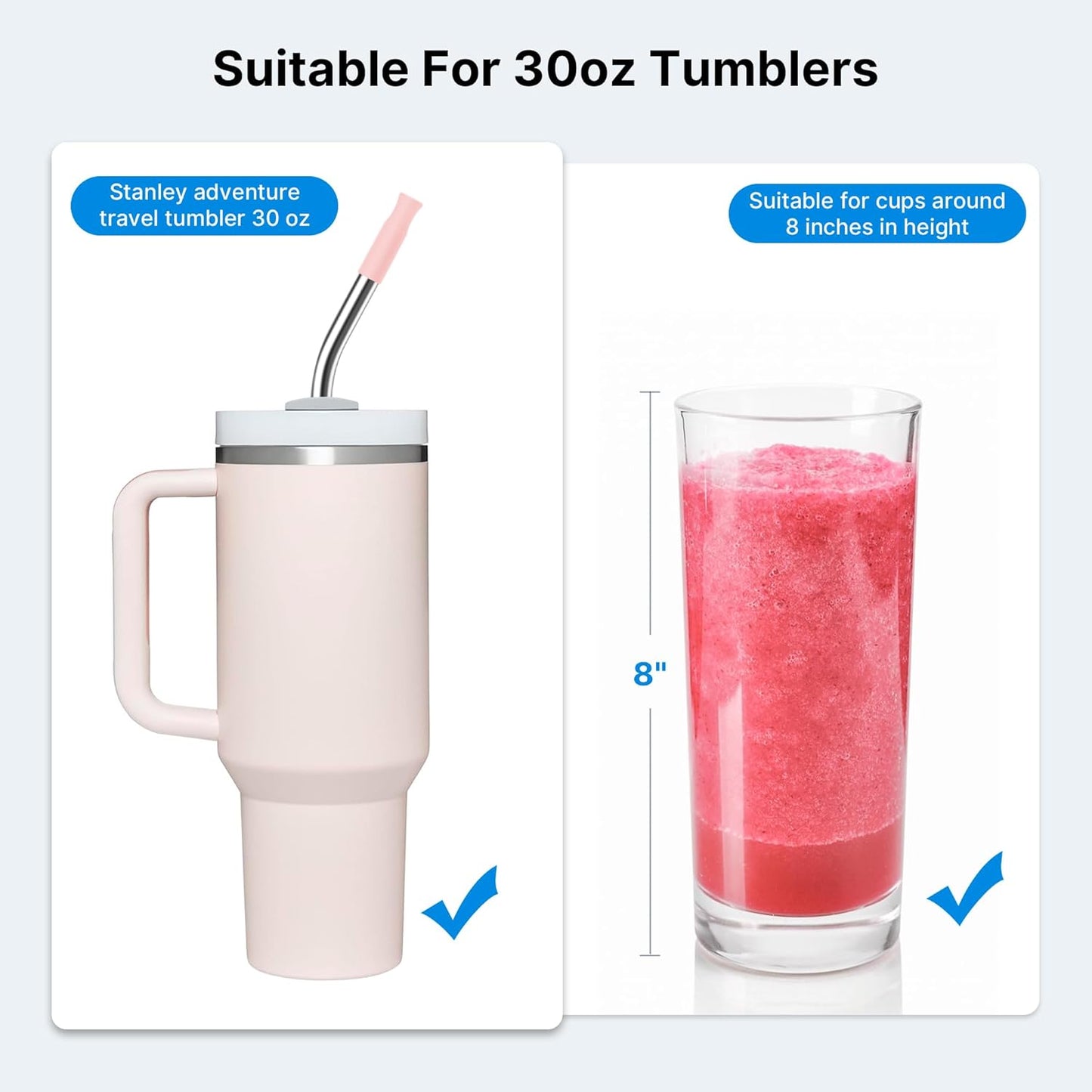 Repeatable Metal Straw with Silicone Tips for 40 oz Stanley Tumbler, 2 Pcs 40 oz Stainless Steel Straws Replacement for Stanley Tumbler, 1 Straw Brush, BPA Free（Light Pink）