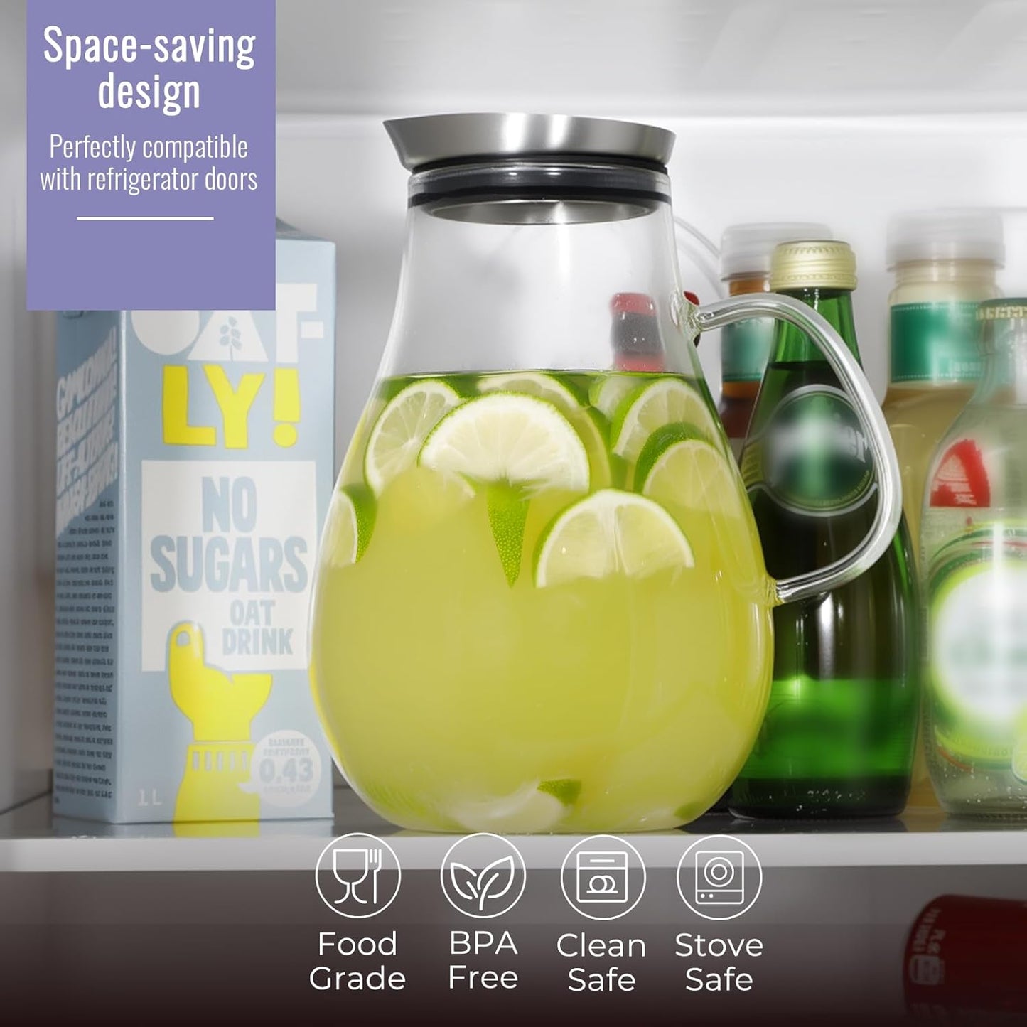 Glass Pitcher, 51 oz Glass Water Pitcher Jug Carafe, 0.4 Gallon Clear Tea Pitchers With Handle And Lid, Pitcher With Lid And Spout for Hot/Iced Water Milk Juice Coffee Fruit