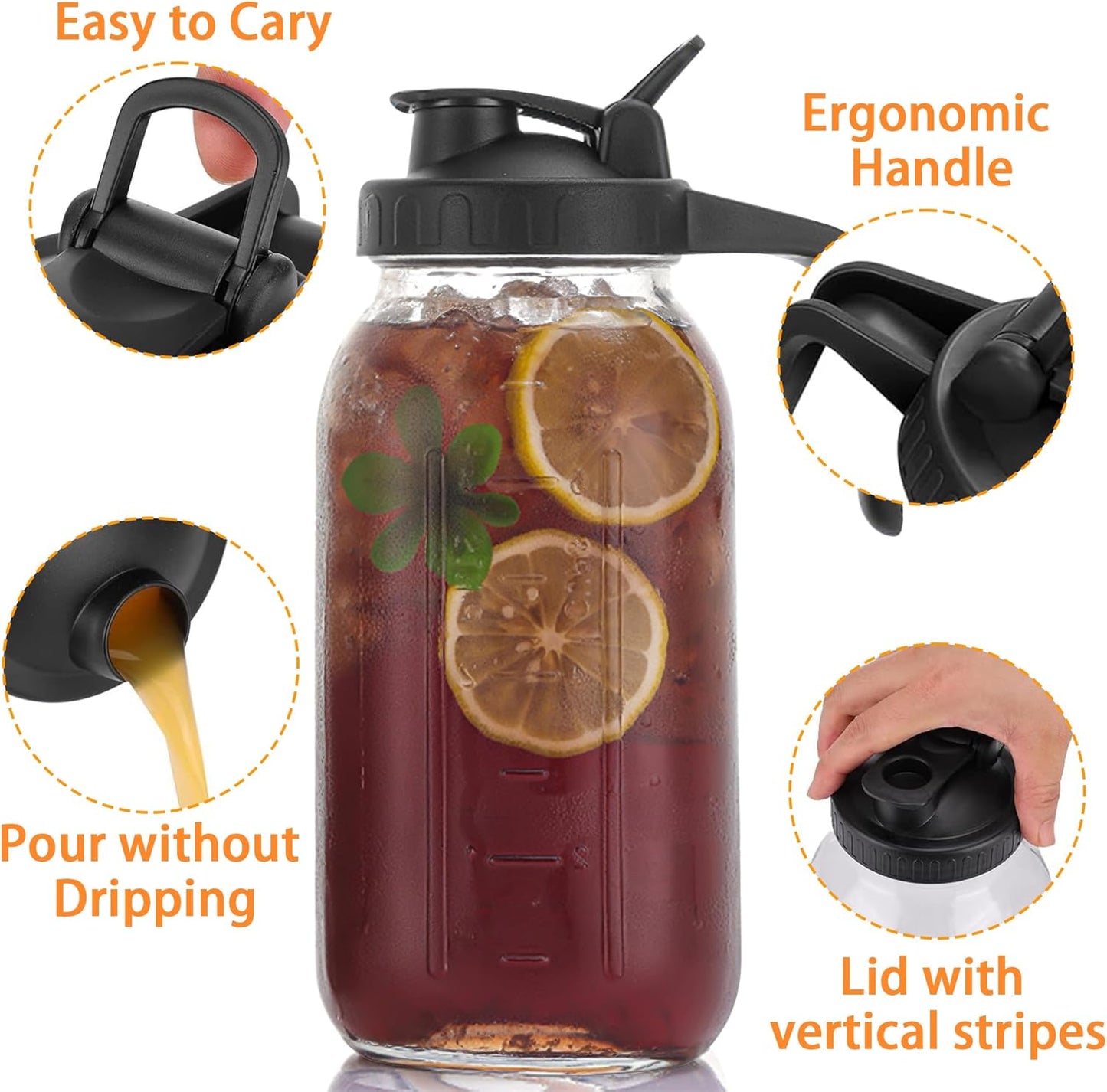 64oz Glass Pitcher with Lid-2 Quart, Leak-Proof Wide Mouth Jar with Pouring Airtight Lid, Heavy Duty Glass Mason Jar Pitcher, Ideal Container for Water, Juice, Milk and Drinks Storage