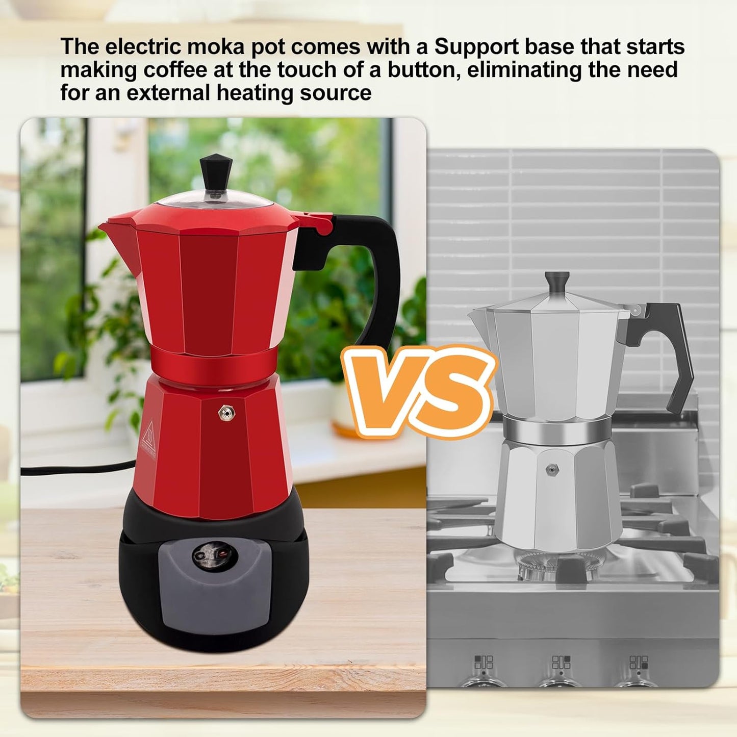 Electric Aluminum Moka Pot 5-6 Cup 270ml Espresso Maker with Detachable Base Ideal Coffee Makers for Home MochaPot Italian and Cuban Café Coffeemaker Espressomaker CoffeePot Red