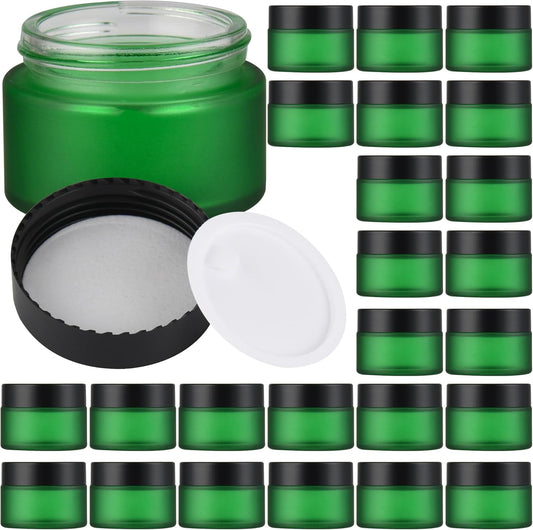 Glass Jars with Lids,Eco-Friendly Cosmetic Containers with Airtight Black Lids & Liners, Multi-Color Options for Cream, Lotion, Body Butter, DIY Skincare Travel Jars (Green Frosted, 1oz)