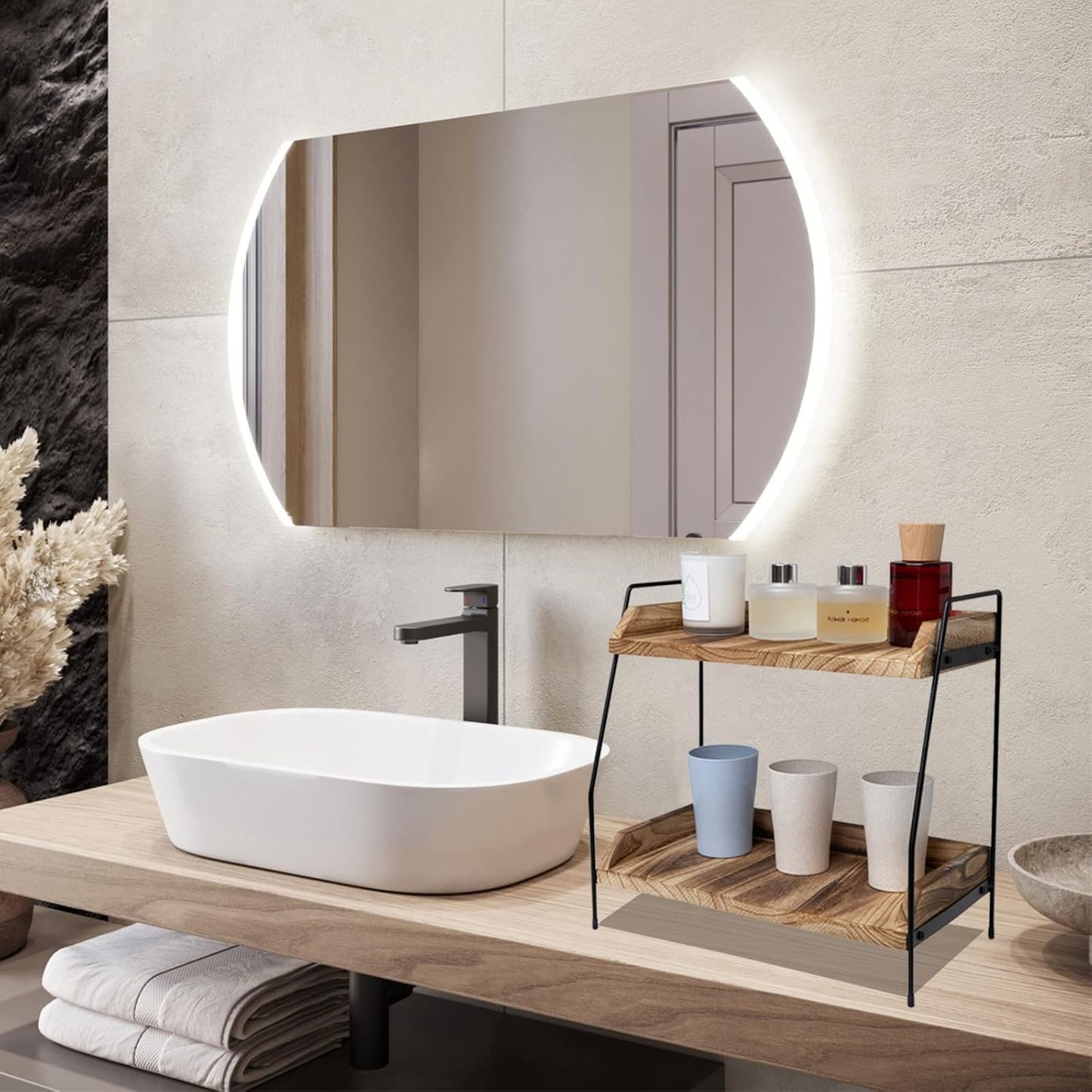 Coffee Bar Accessories and Organizer, Coffee Station Organizer 2 Tier Bathroom Counter Organizer, Wood Coffee Tray, Bathroom Vanity Organizer, Countertop Shelf for Kitchen, Coffee Lover