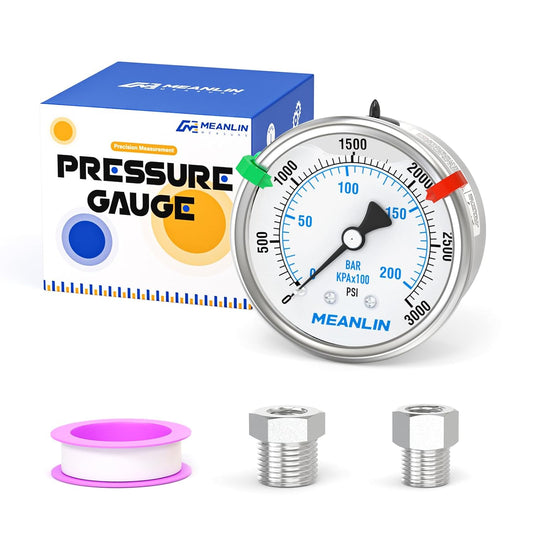 MEANLIN MEASURE 0~3000Psi Stainless Steel Liquid Filled Pressure Gauge 2.5" FACE DIAL 1/4" NPT for WOG Water Oil Air Back Mount with Stainless Steel Hex Bushing and Snaps