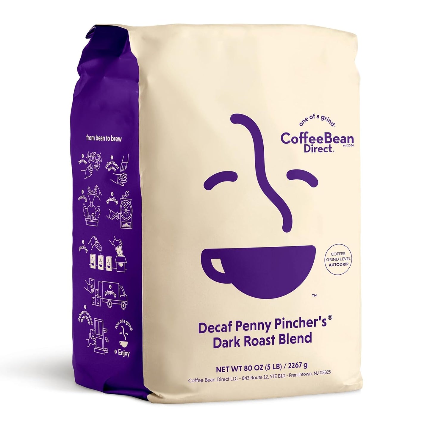 Coffee Bean Direct Decaf Penny Pincher's® Dark Roast Blend, Ground Coffee, Dark Roast, 5 Pound Bag (Pack of 1)