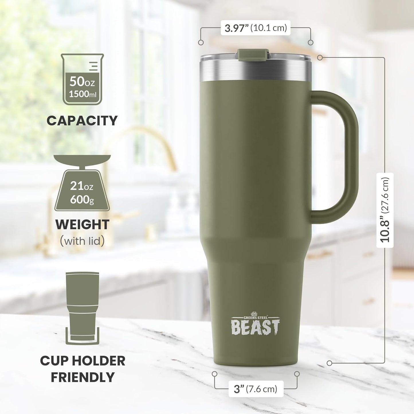 Beast 50 oz Tumbler Stainless Steel Vacuum Insulated Coffee Ice Cup Double Wall Travel Flask (Army Green)
