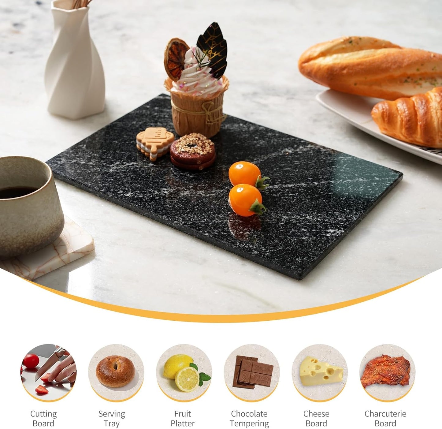 Koville Natural Black Marble Cutting Board for Kitchen Counter, 12" x 8" Real Stone Slab Marble Cheese Board for Home Decor, Granite Pastry Boards Granite Cutting Boards Bathroom Tray Candle Plate