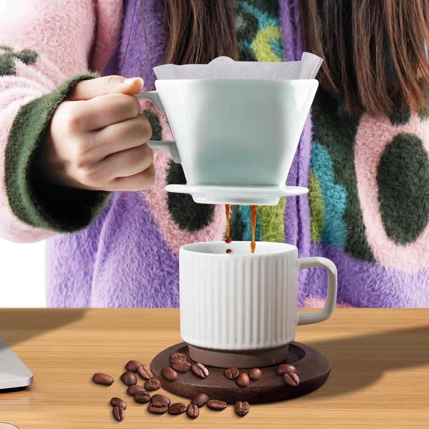 Handmade Pour Over Ceramic Coffee Dripper - Authentic Brewing Experience for Camping, Office, and Home (Green)