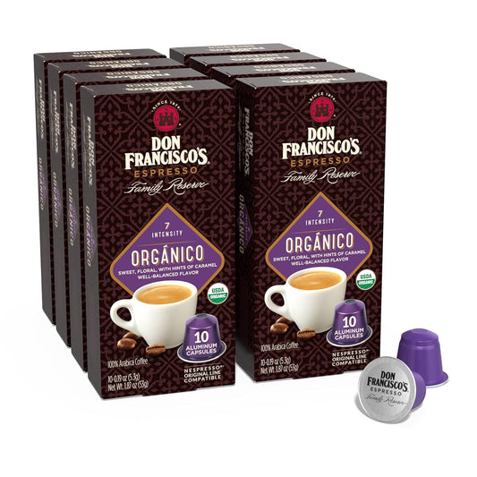 Don Francisco's Organico Espresso Pods: 80 Dark Roast Aluminum Capsules, Intensity 7, Compatible with Nespresso Original Line Machines - Bold Cuban-Style coffee with Caramel Notes