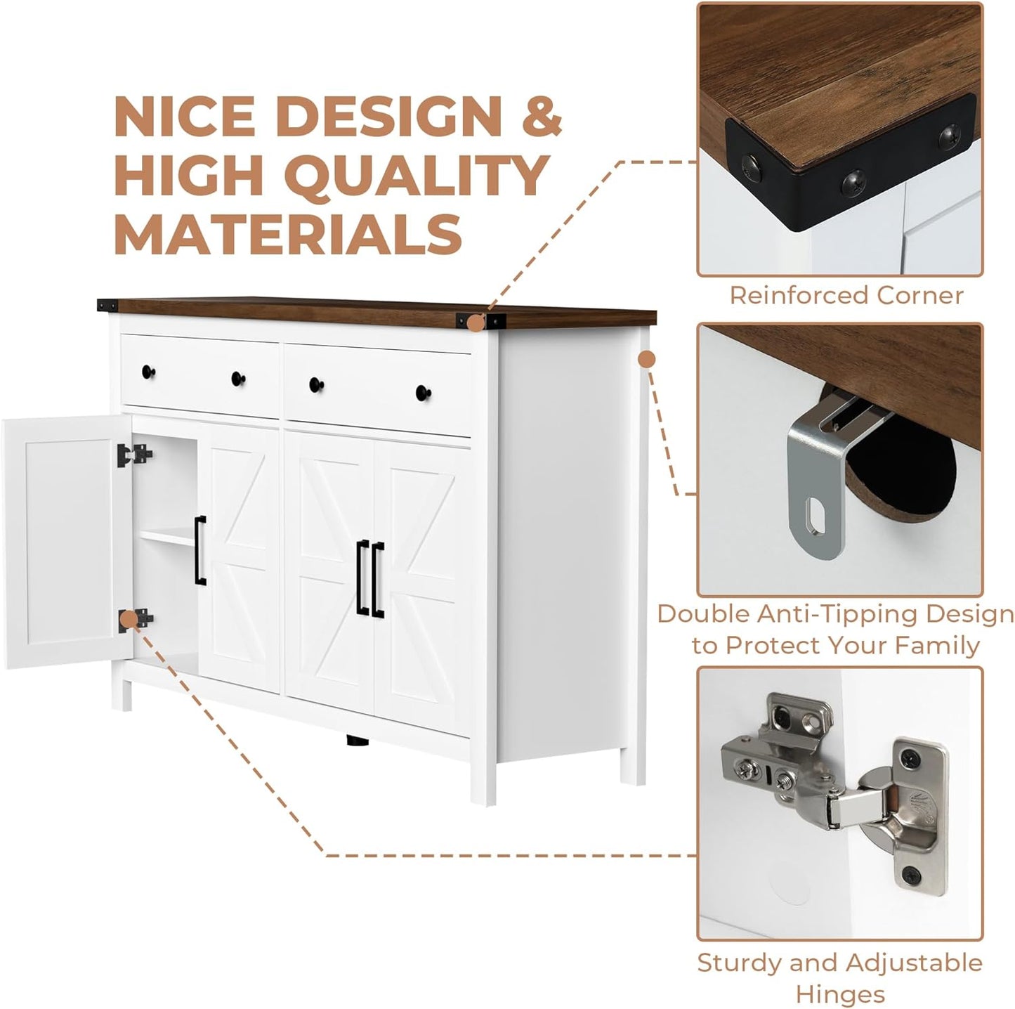 55" Sideboard Buffet Cabinet with Storage, Coffee Bar Cabinet with 2 Drawers and 4 Barn Doors, Long Storage Cabinet Modern Farmhouse, White Wood, for Kitchen, Dining Room, Living Room