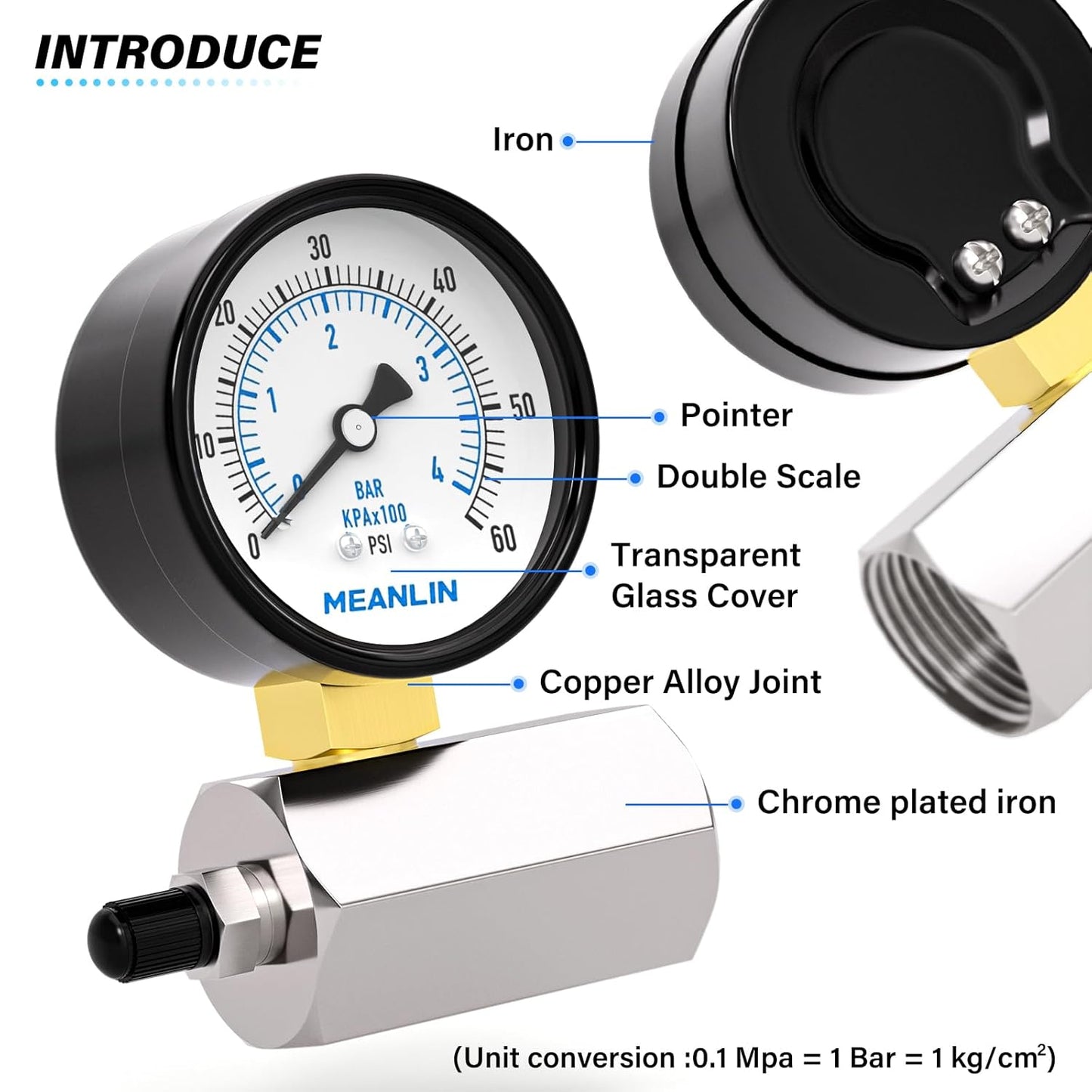 MEANLIN MEASURE 0-60Psi 2" Steel Double Graduated Air Test Pressure gauges, 3/4" FNPT Connection, -3-2-3% Accuracy