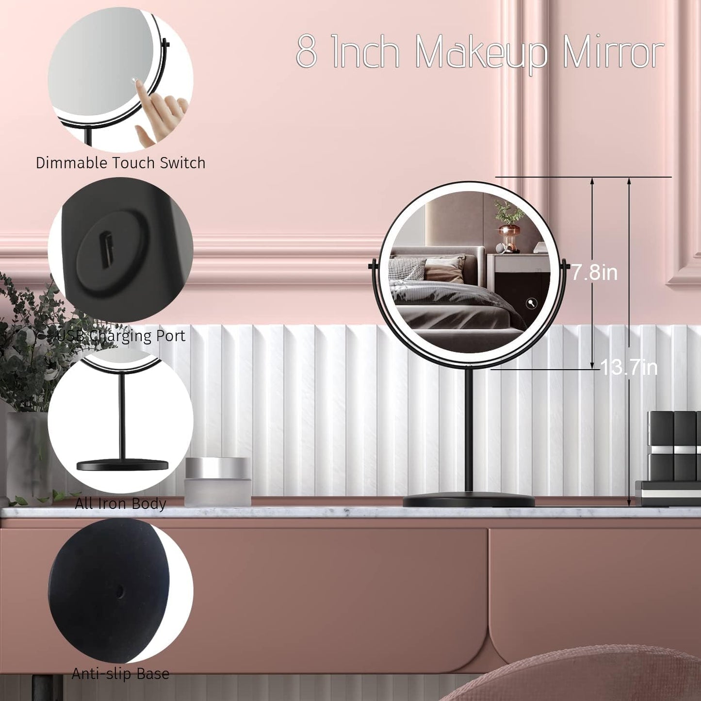 8” Lighted Makeup Mirror, 1X 10X Magnifying Mirror with Light, Double Sided Vanity Mirror with Lights, 3 Color LED Dimmable 2000mAh Rechargeable Black