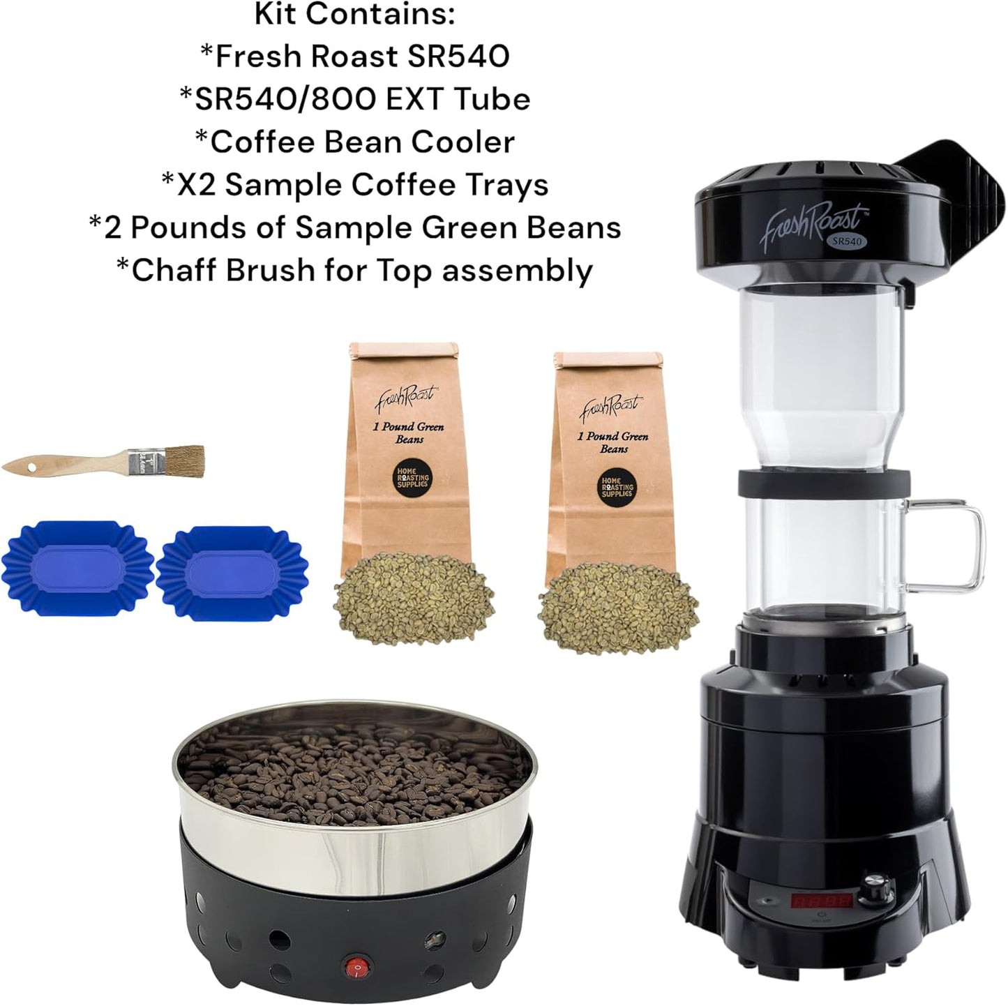 Fresh Roast Coffee Roaster Bundle SR540, Glass Extension Tube, Coffee Bean Cooler, (2 Lbs) 2 Sample Packs of Green Beans, (2- pack) Sample trays