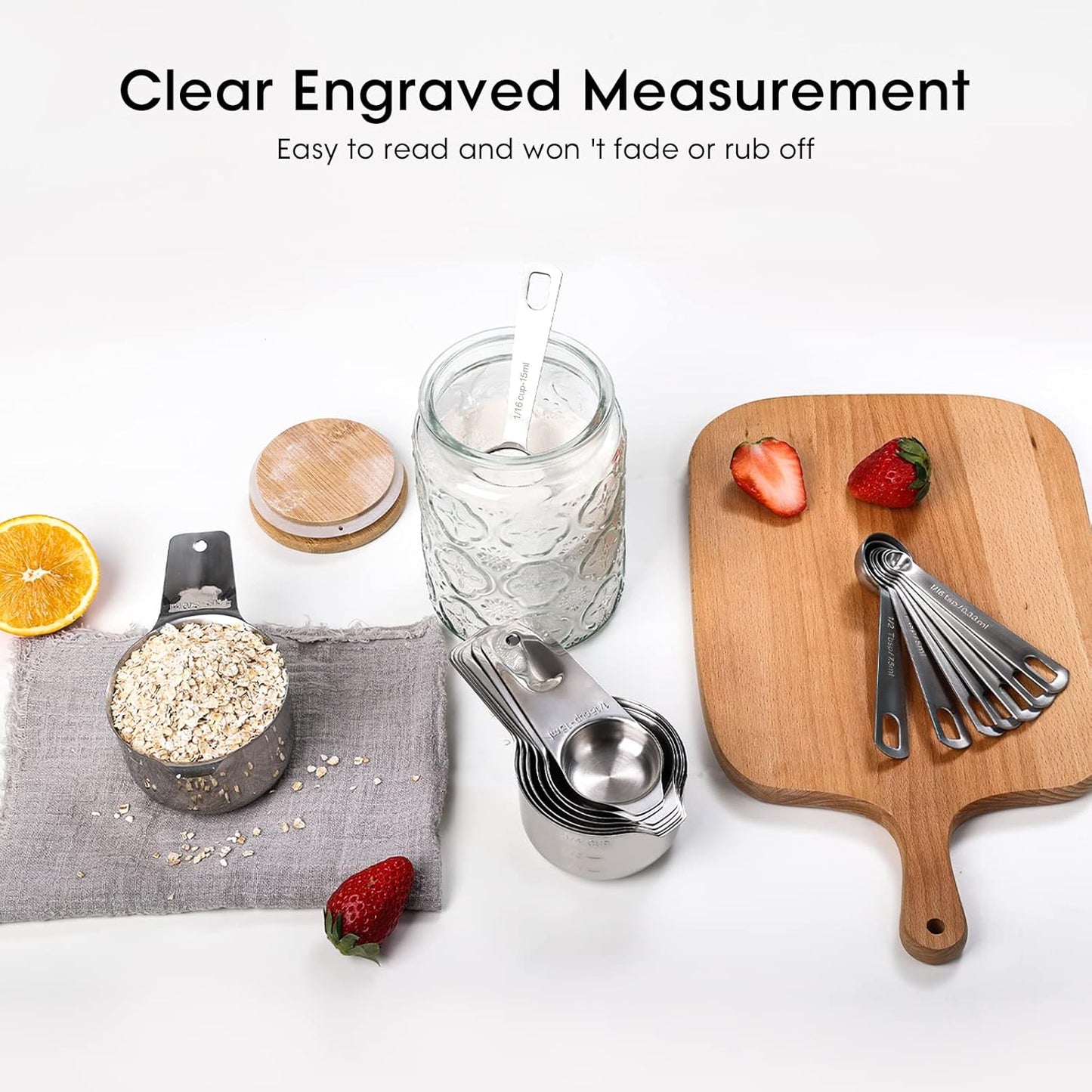 17 Piece Stainless Steel Measuring Cups and Spoons Set, with 1/16 Cup,1/3 Spoon and 1 Leveler