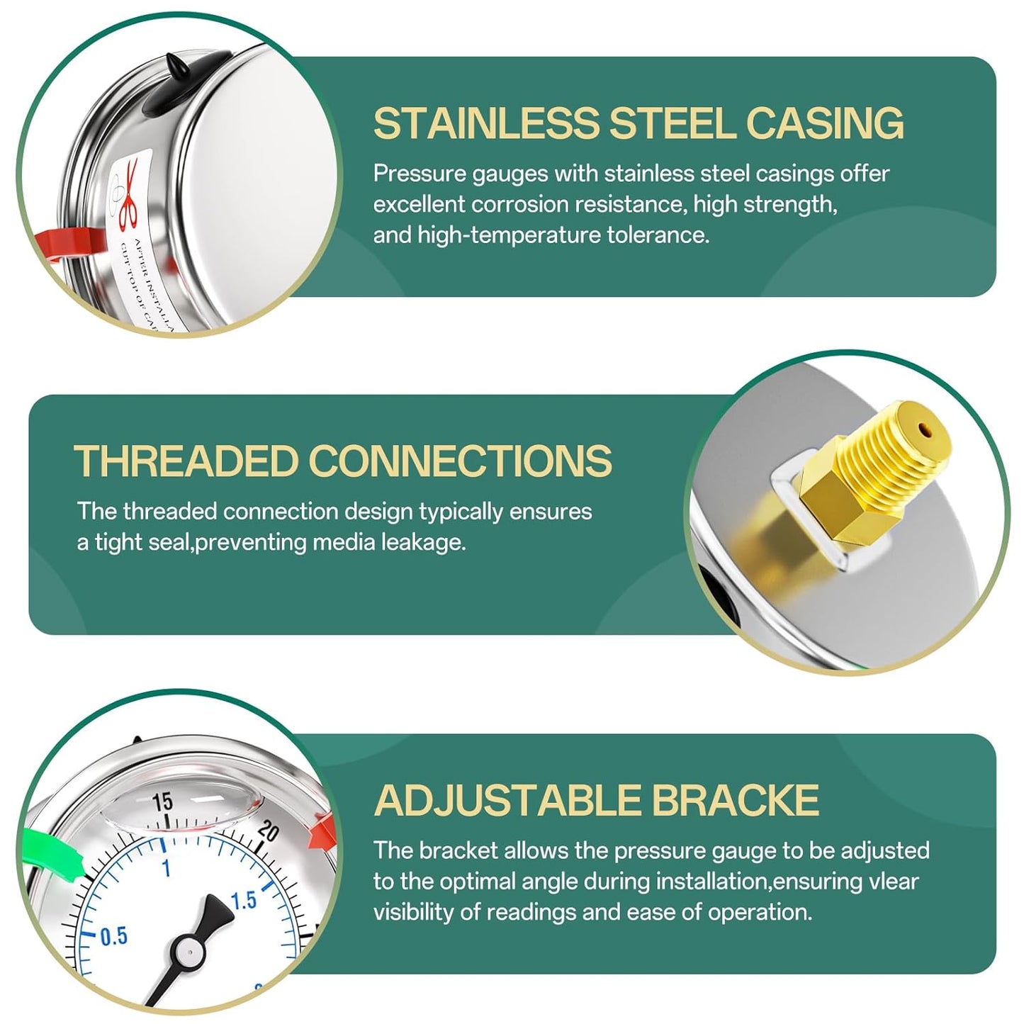 0-30psi Stainless Steel Glycerin Liquid Filled Pressure Gauge 1/4" NPT 2.5" Face Dial Center Back Mount, for Water, Oil and Air Pressure Testing (with Range Mark Pointer)