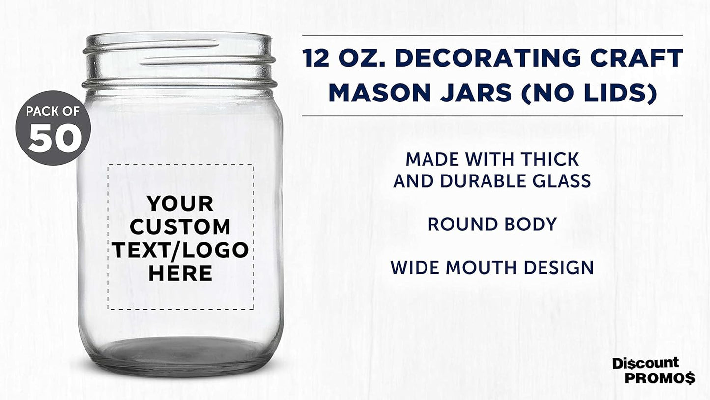 DISCOUNT PROMOS Custom Decorating Mason Jars 12 oz. Set of 50, Personalized Bulk Pack - Glass Jars for Overnight Oats, Candies, Fruits, Pickles, Spices, Beverages - Black