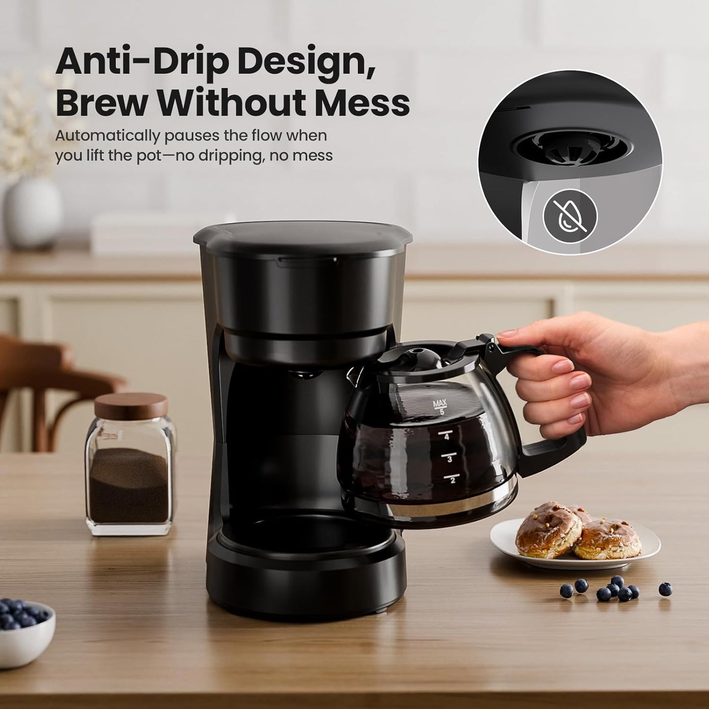 Kismile 5-Cup Drip Coffee Maker with Anti-Drip System, Food-Grade Compact Coffee Machine with Removable Funnel, Warm Plate, Dishwasher-Safe Glass Carafe, Portable Coffee Maker for Home & Office Use