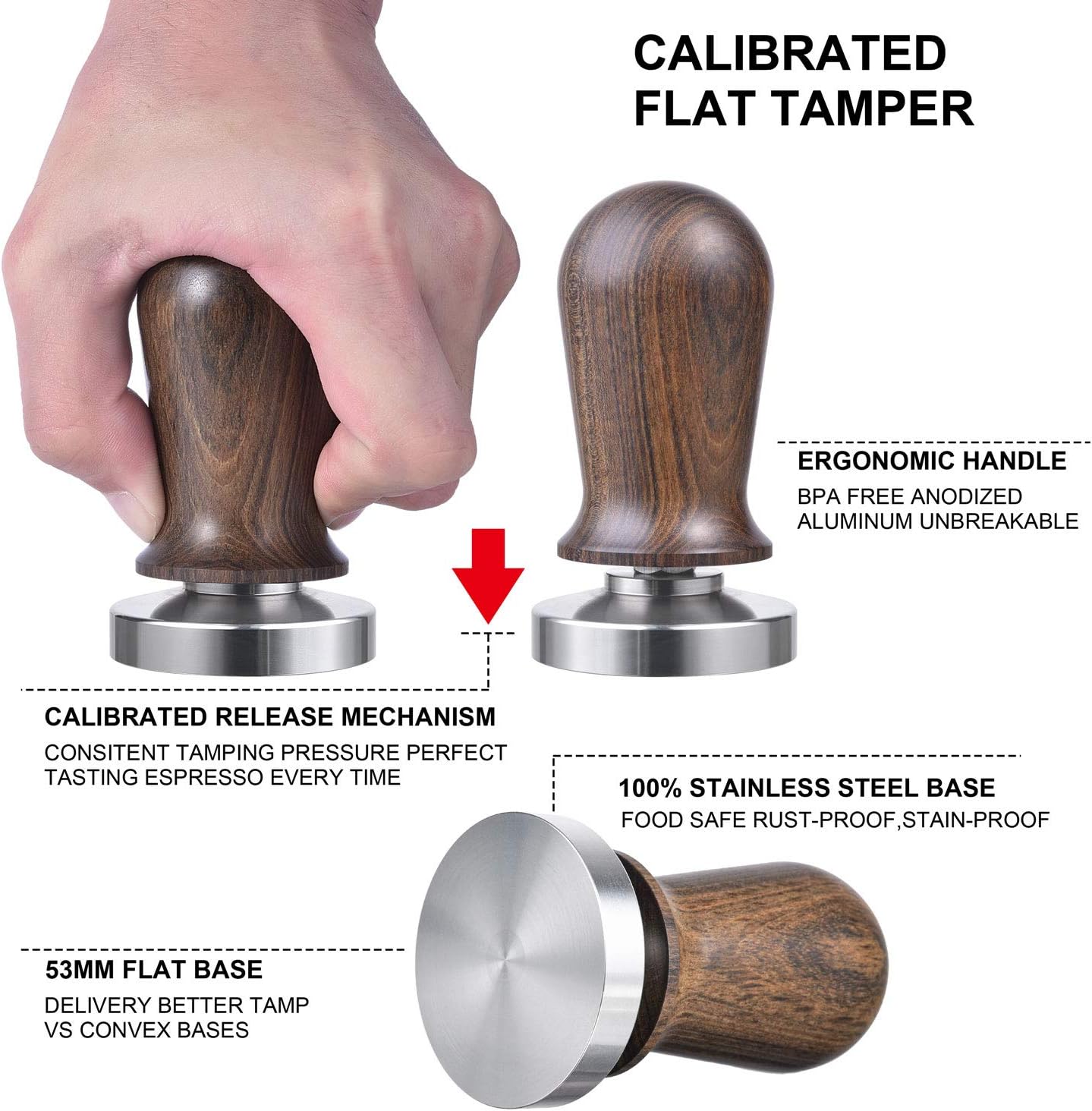 53mm Calibrated Espresso Tamper, Calibrated Coffee Tamper with Spring Loaded Wooden Handle Stainless Steel Flat Base, Professional Barista Espresso Hand Tamper