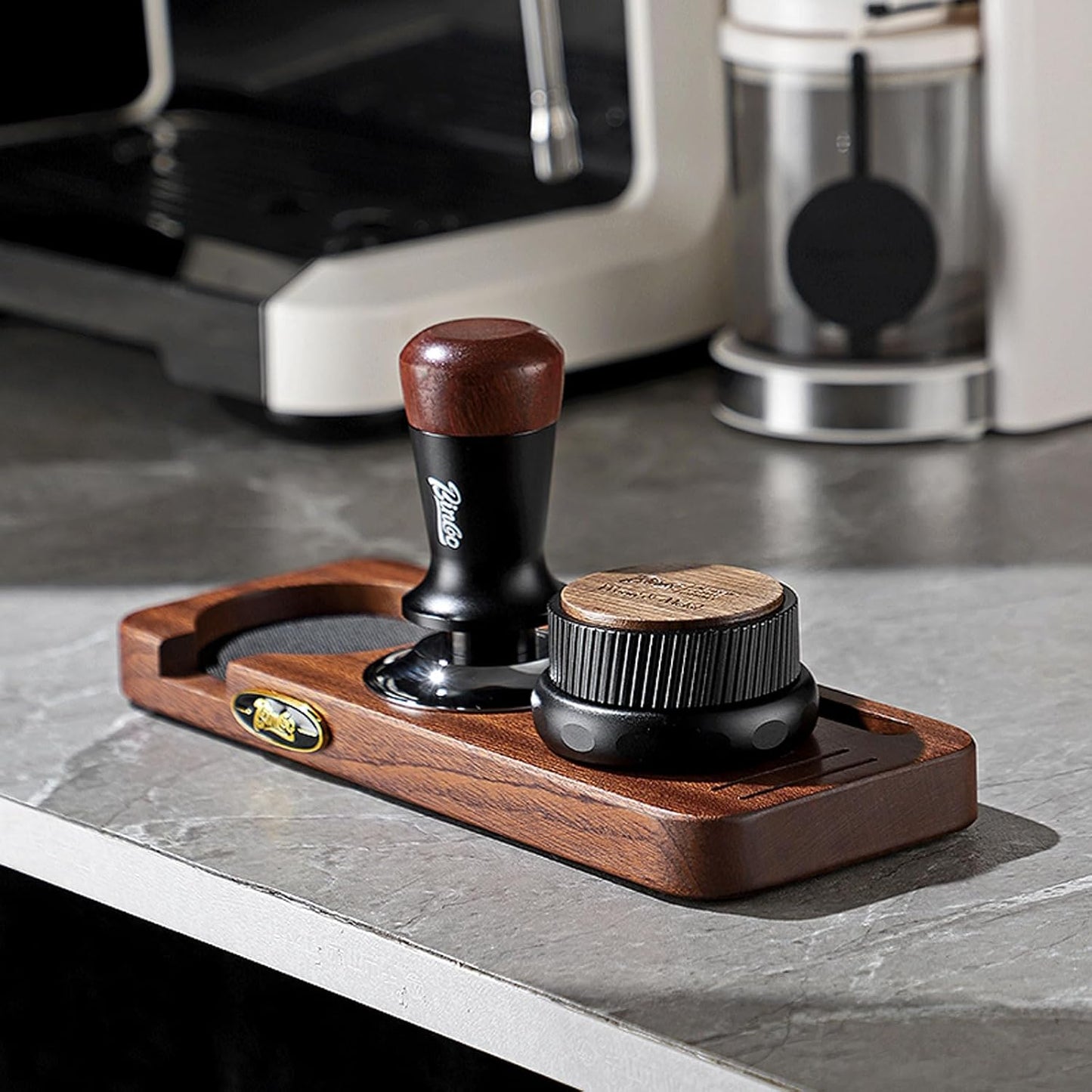 Bincoo 58mm Espresso Tamping Station - Sapele Coffee Bar Organizer with Non-Slip Mat, Multi-Slot Design for Counter, Holds Tamper,Distributor, Basket Holder