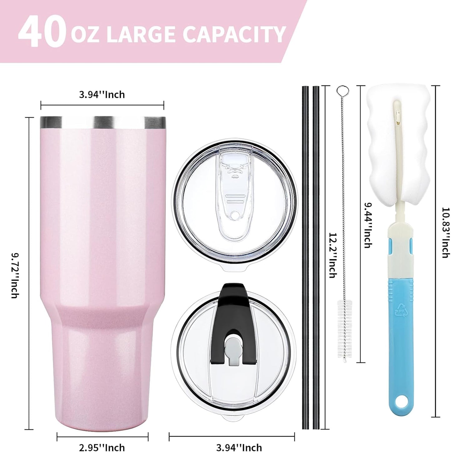 40 oz Tumbler with Lids and Straws, Stainless Steel Insulated Coffee Tumbler, Double Wall Vacuum Insulated Travel Mug Cup, Leakproof Thermal Coffee Cup for Hot and Cold Drinks (Glitter Pink)