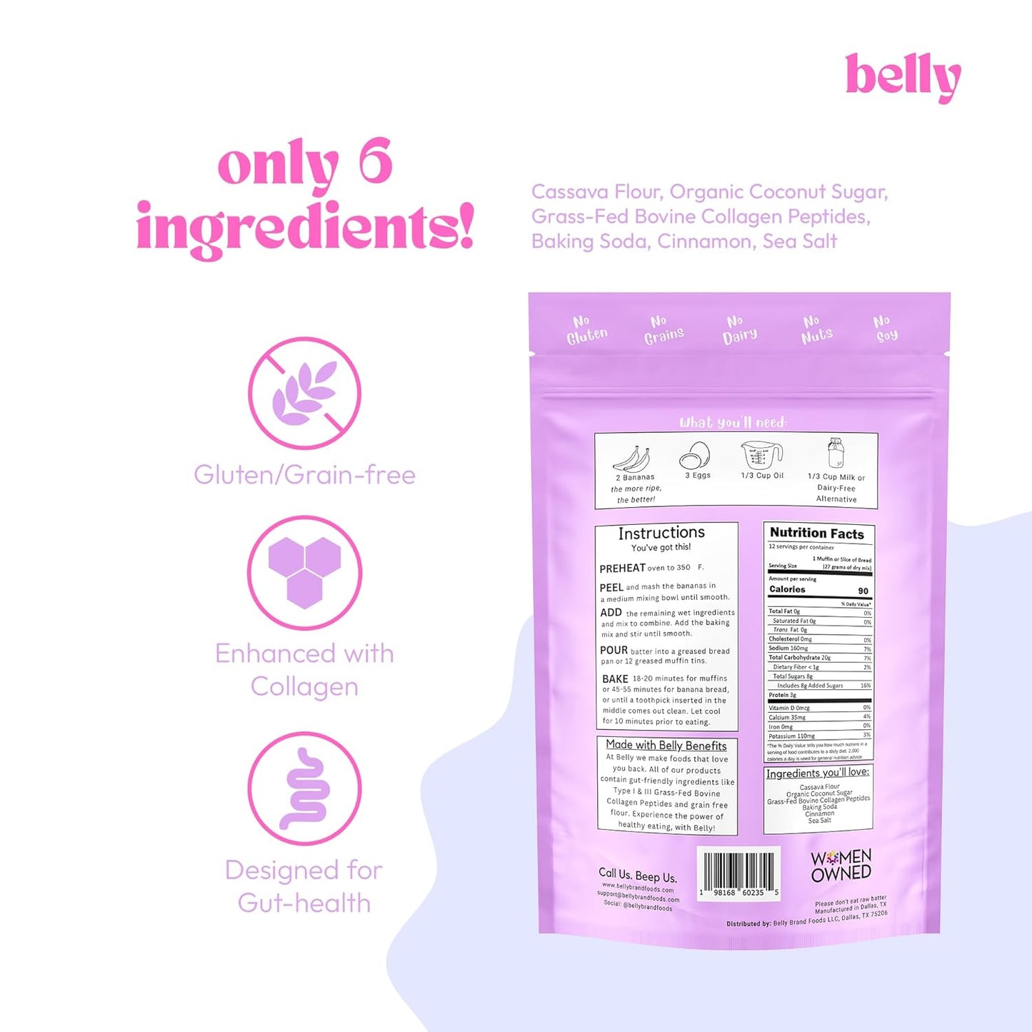 Belly Banana Bread Mix with Collagen Protein | High-Protein | Banana Muffin Mix | Grain-Free Dairy-Free Nut-Free | Healthy Snacks For Adults & Kids | Women-Owned Business | 11.3 Ounces | 3 Pack