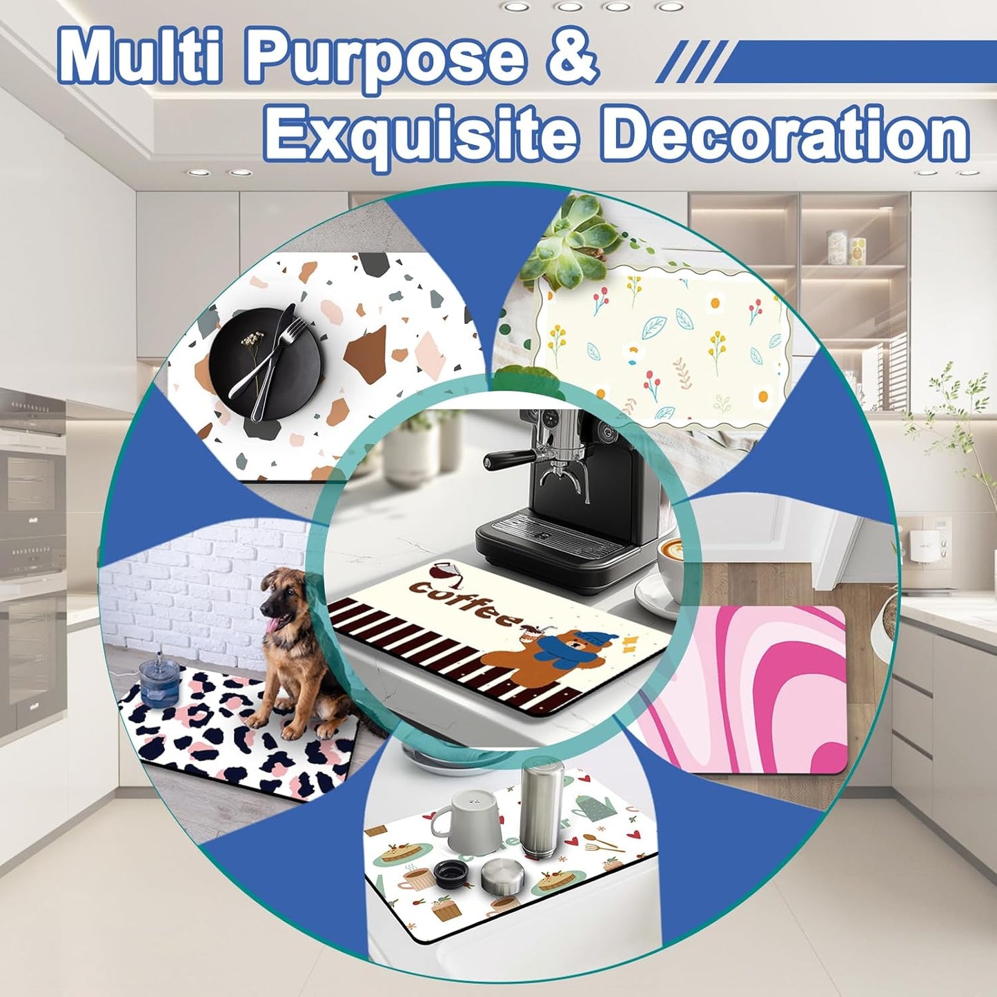 Coffee Bar Mat for Countertop, 17" X 28” Super Absorbent Dish Drying Mat, Large Kitchen Counter Mats Fits Under Coffee Maker, Non-slip Espresso Machine Pad, Outlined Floral